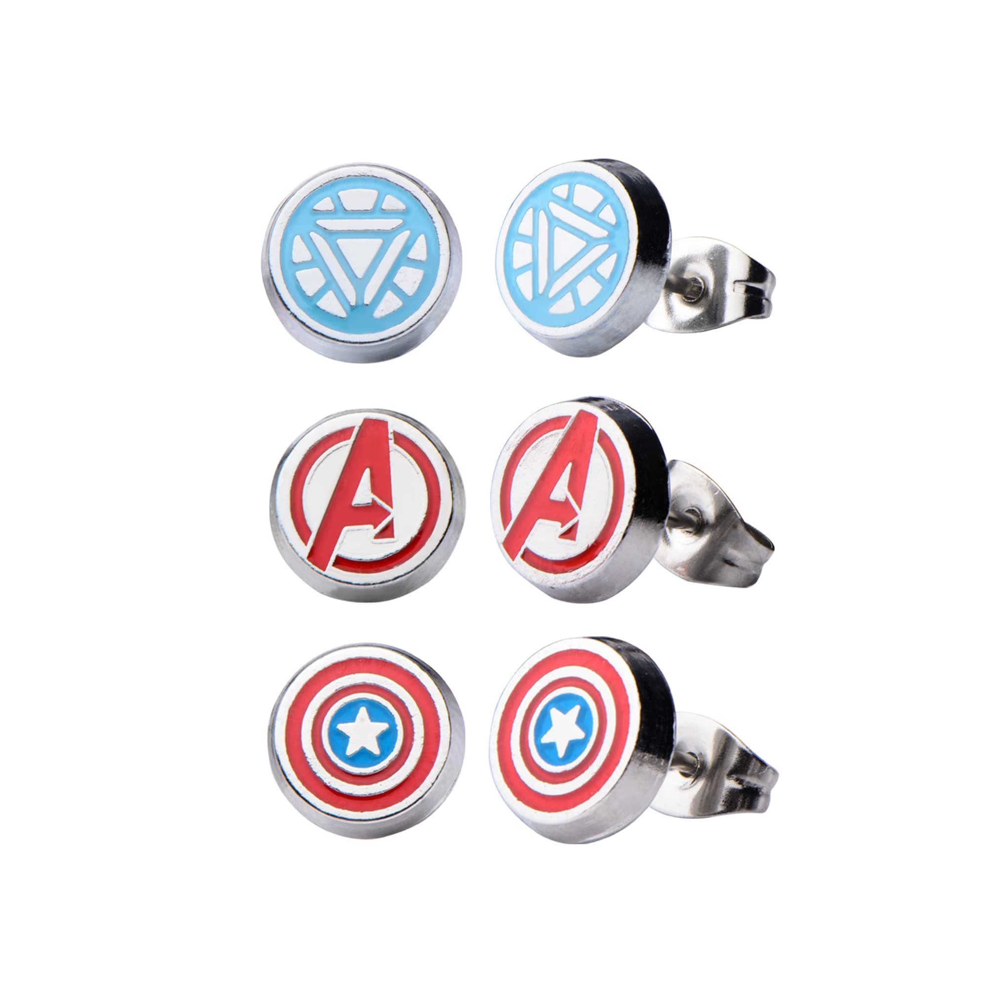 Officially Licensed Marvel Comics Stainless Steel Women's Avenger Logo Pack Round Stud Hypoallergenic Earrings, Unisex