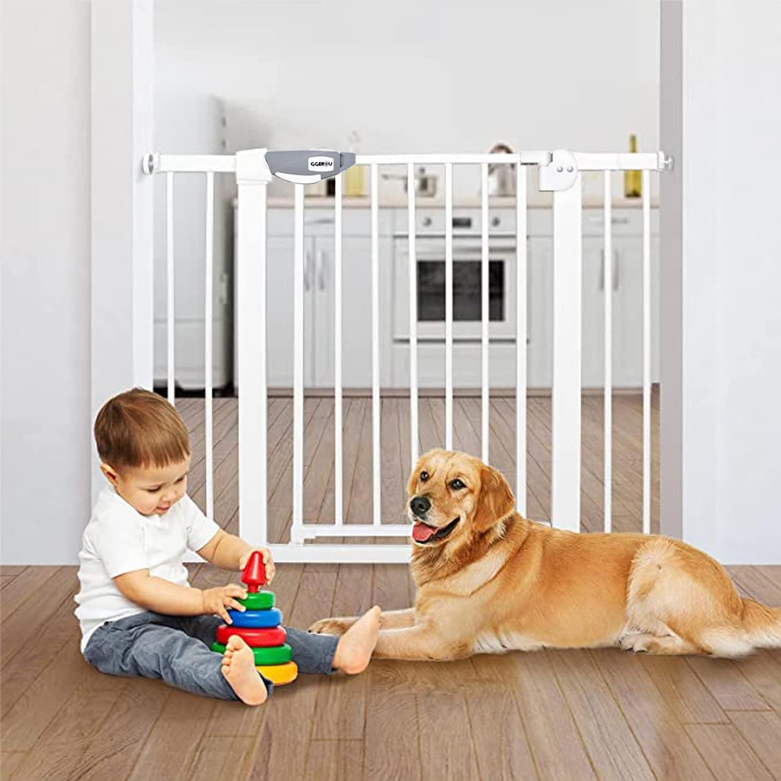 HI-FINESafety Solution-Wide Baby Gate for Stairs & Doorways - Auto Close Pressure Mounted Walk Thru Child Gate for Baby Toddlers and Pet Dogs - No Drilling Required (Gate + 30cm Extensions)