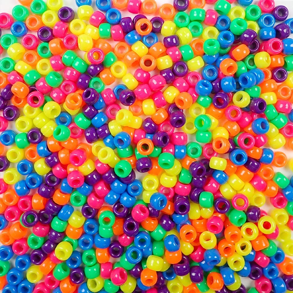 Neon Mix Plastic Pony Beads 6x9mm, 500 Beads, Made in The USA, Multicolor Bulk Pony Beads Package for Arts & Crafts