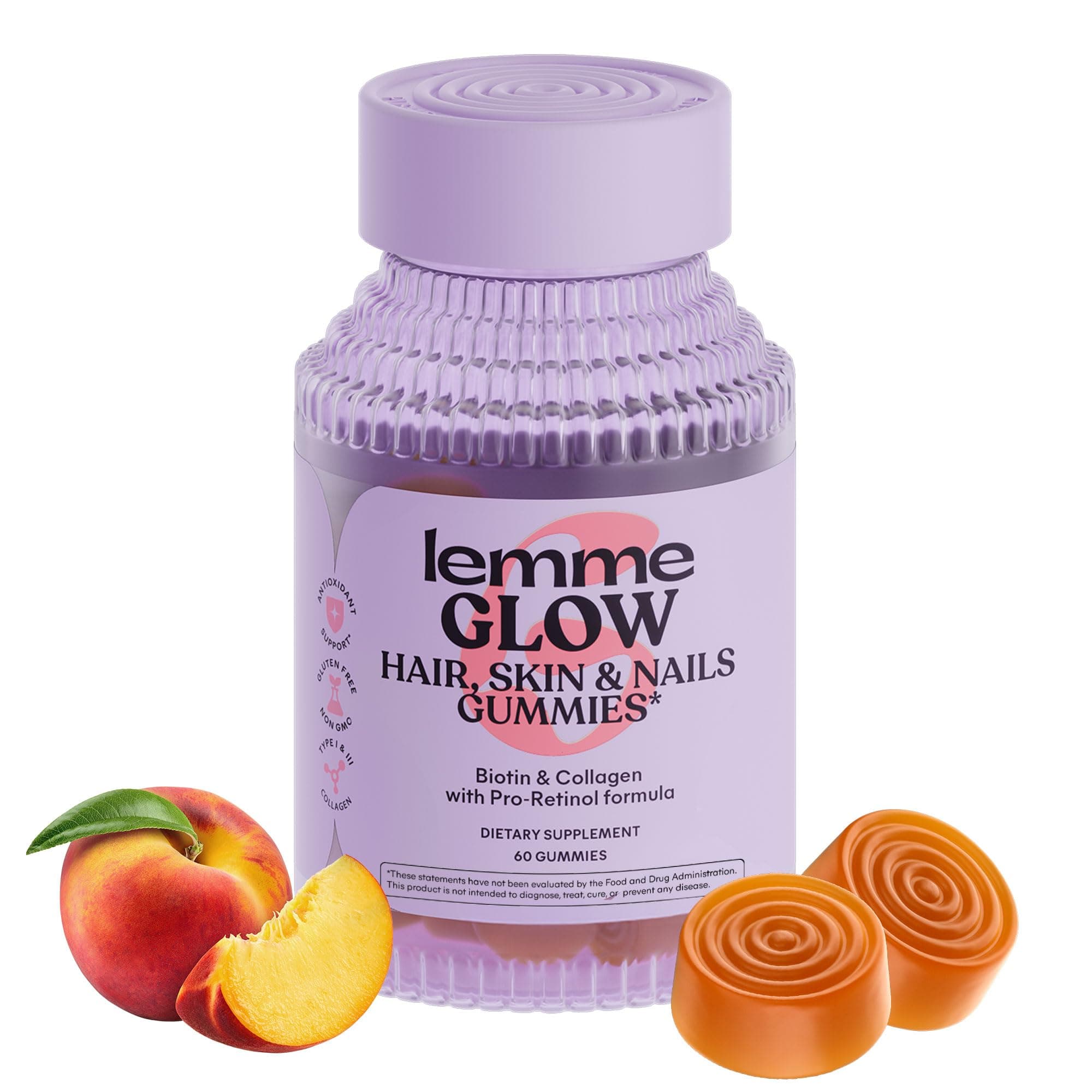 Lemme Glow Collagen Hair Gummies for Strong, Thick Hair & Reduced Shedding with Multi-Collagen Peptides, Biotin, Trace Minerals, Zinc, Vitamins A, C & E, Dairy & Gluten Free, Peach Flavor, 60 ct.
