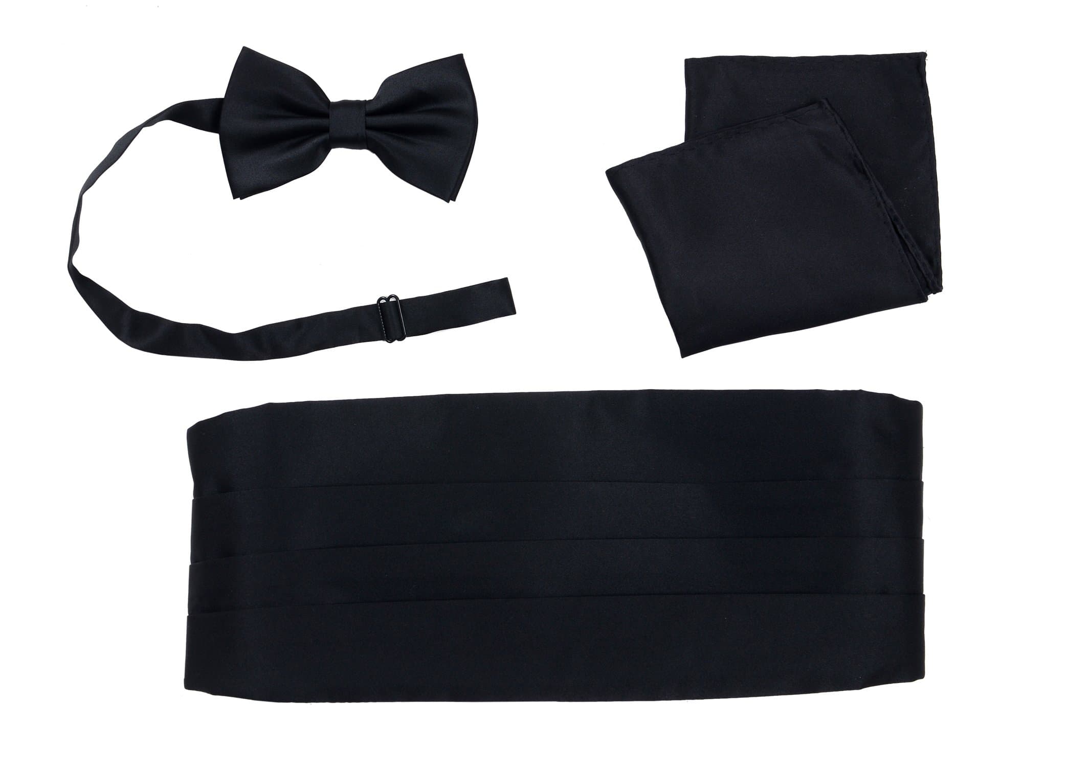 Cummerbund Bow Tie Pocket Square Handkerchief Set Formal Solid Color