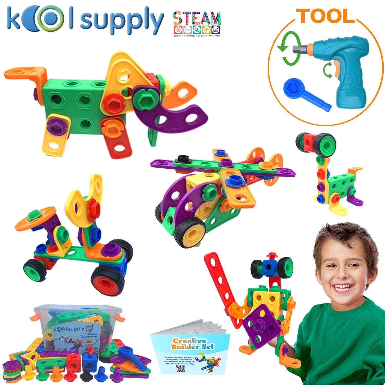 111 pcs Creative Builder Set STEM Construction Engineering Building Block, DIY Build Your Own Learning Educational Toy w/ Power Drill for Age 3 4 5 6 7 8 9 Year Boy Girl Kid Toddler Children. Birthday