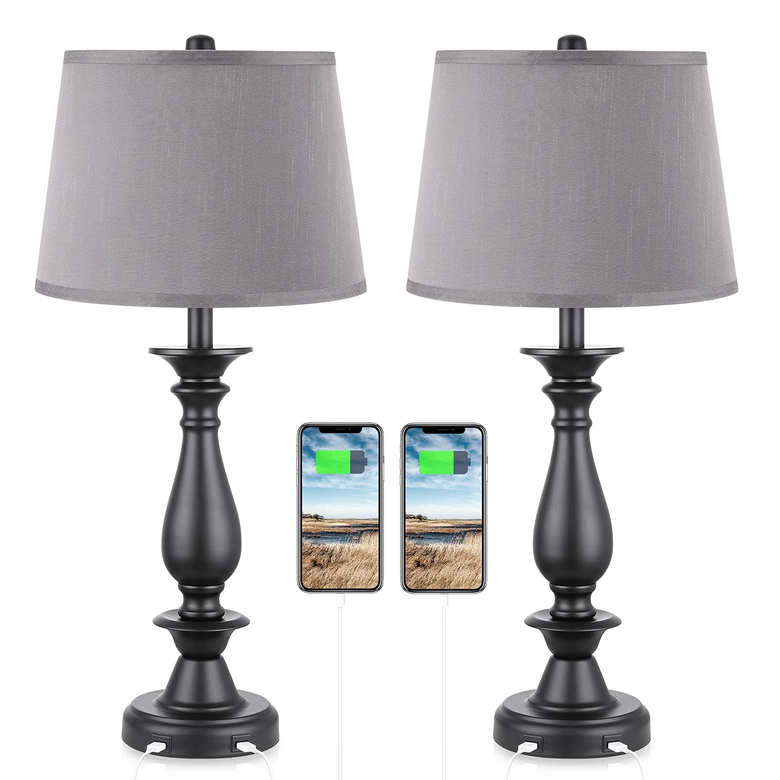 Grey USB Table Lamp Set of 2