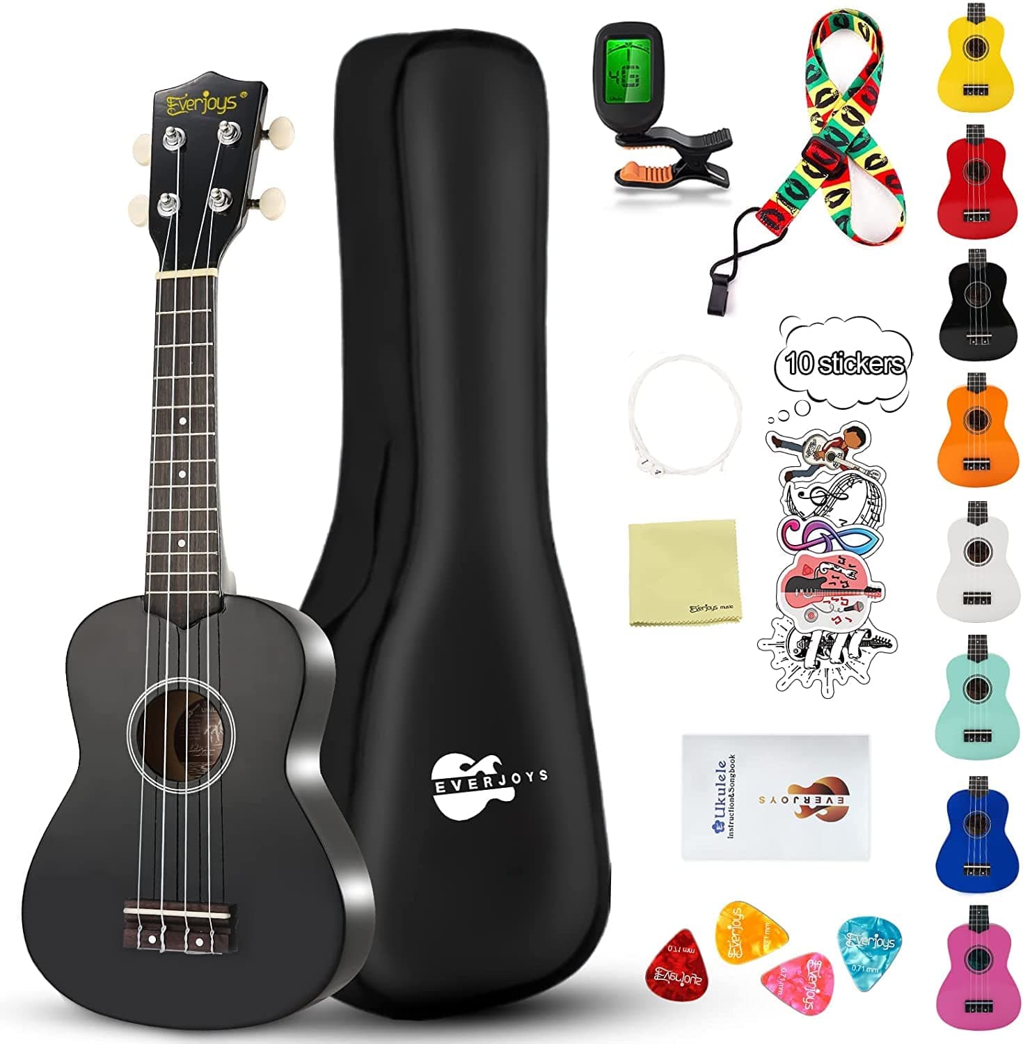 Everjoys Soprano Ukulele Beginner Kit for Kids Adult Student w/Free Online Lesson 21 Inch Ukelele Gig Bag Strap String Tuner Songbook Pick Polishing Cloth, Rainbow Series Ukalalee