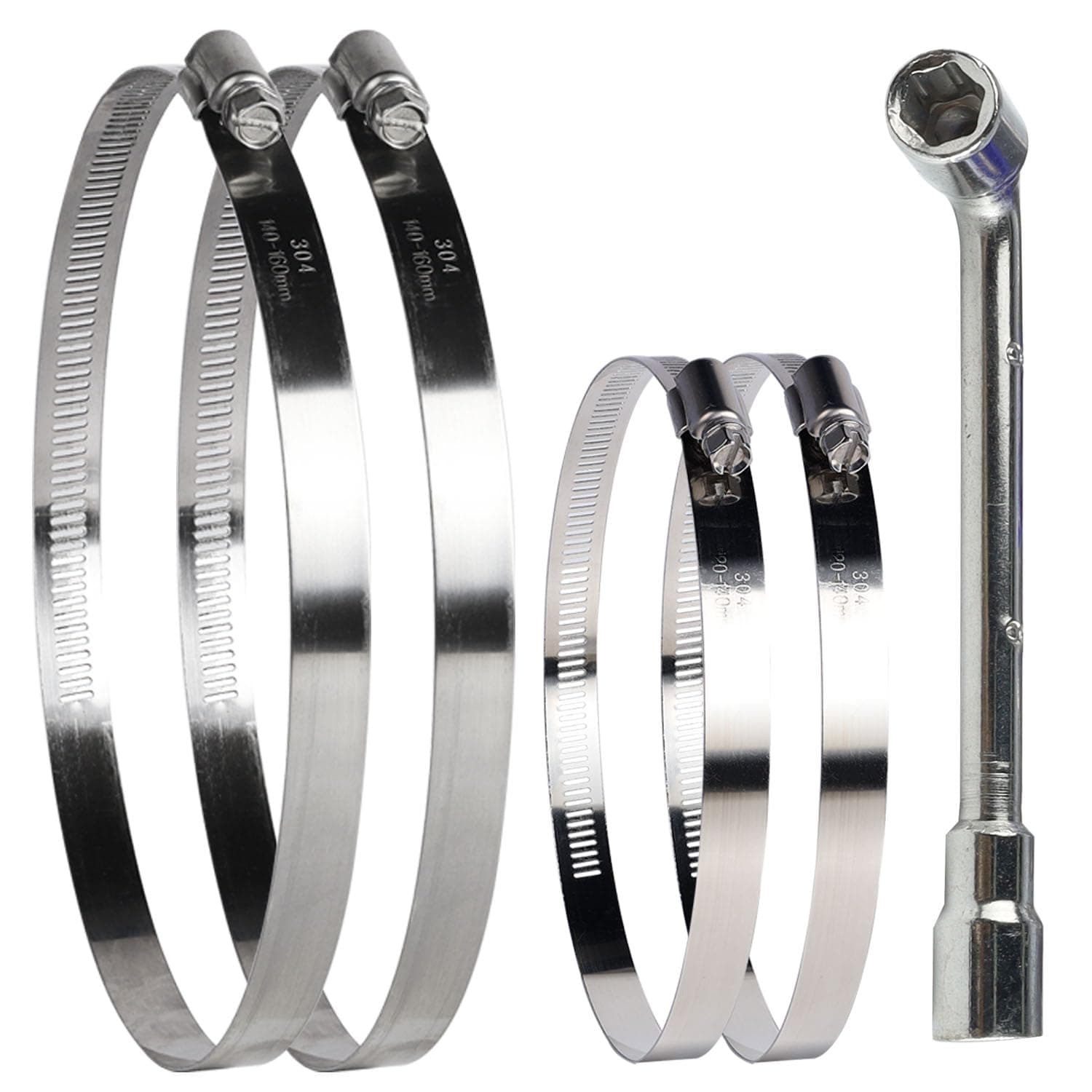 SMLCON4 Pack Stainless Steel Hose Clamps - Adjustable 4.5"-5.5"-6.5" (120-160mm) Worm Gear Hose Clamps with A Socket Wrench for Plumbing,Automotive And Mechanical Application