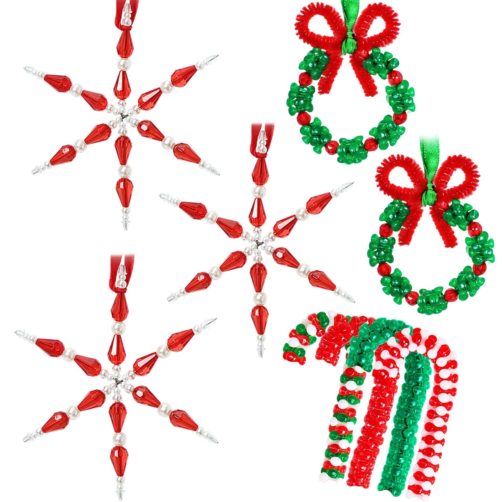 GYGOT Christmas Crafts for Adults,30 Sets Christmas Beaded Ornament Kit to Make-Incl. 6 PC Snowflake/12 PC Wreath/12 PC Candy Cane(Assembly Needed)
