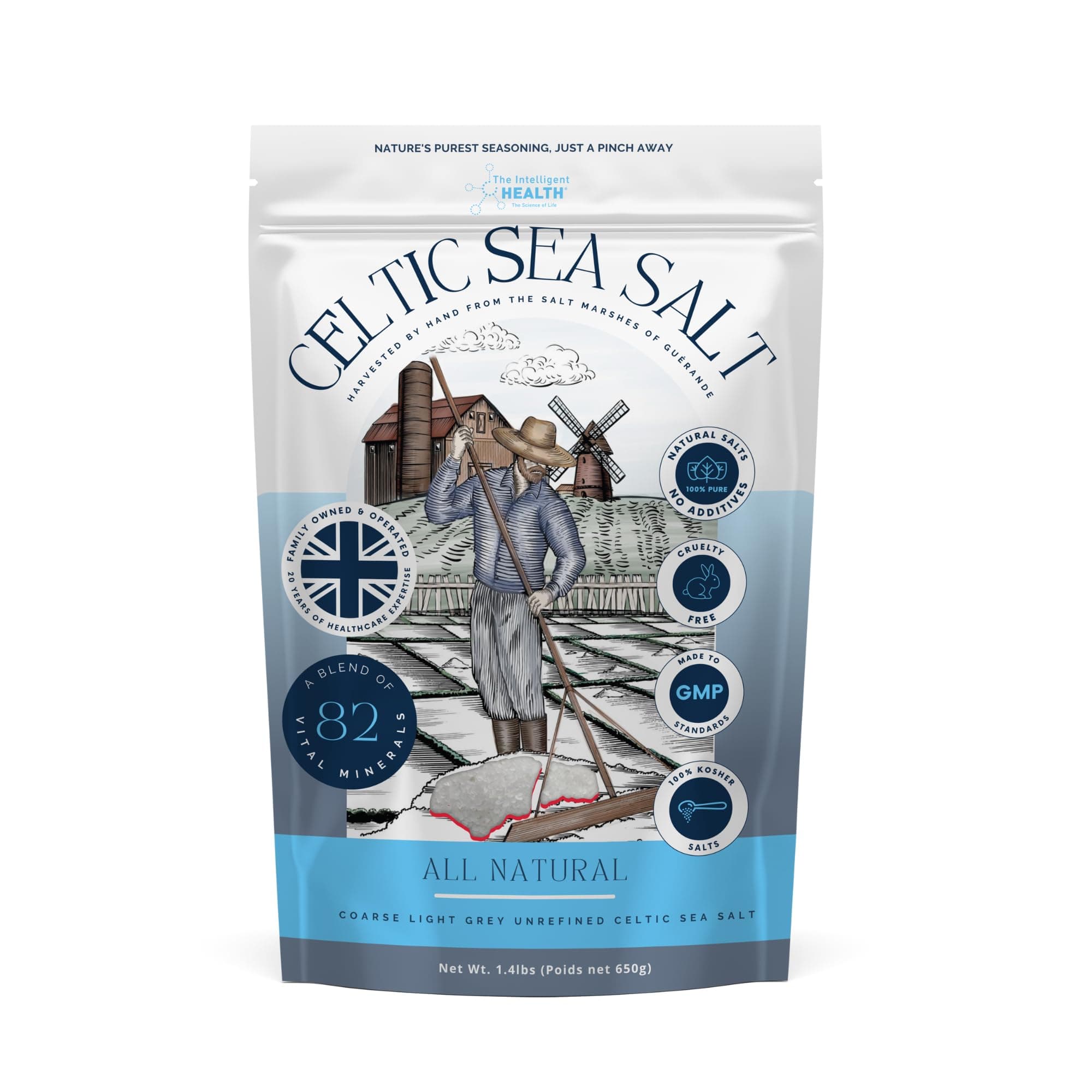 The Intelligent Health Celtic Sea Salt - Unrefined Light Grey Coarse Salt, Hand-Harvested in Guérande France - Natural, Kosher, Rich in 82 Vital Minerals - 650g
