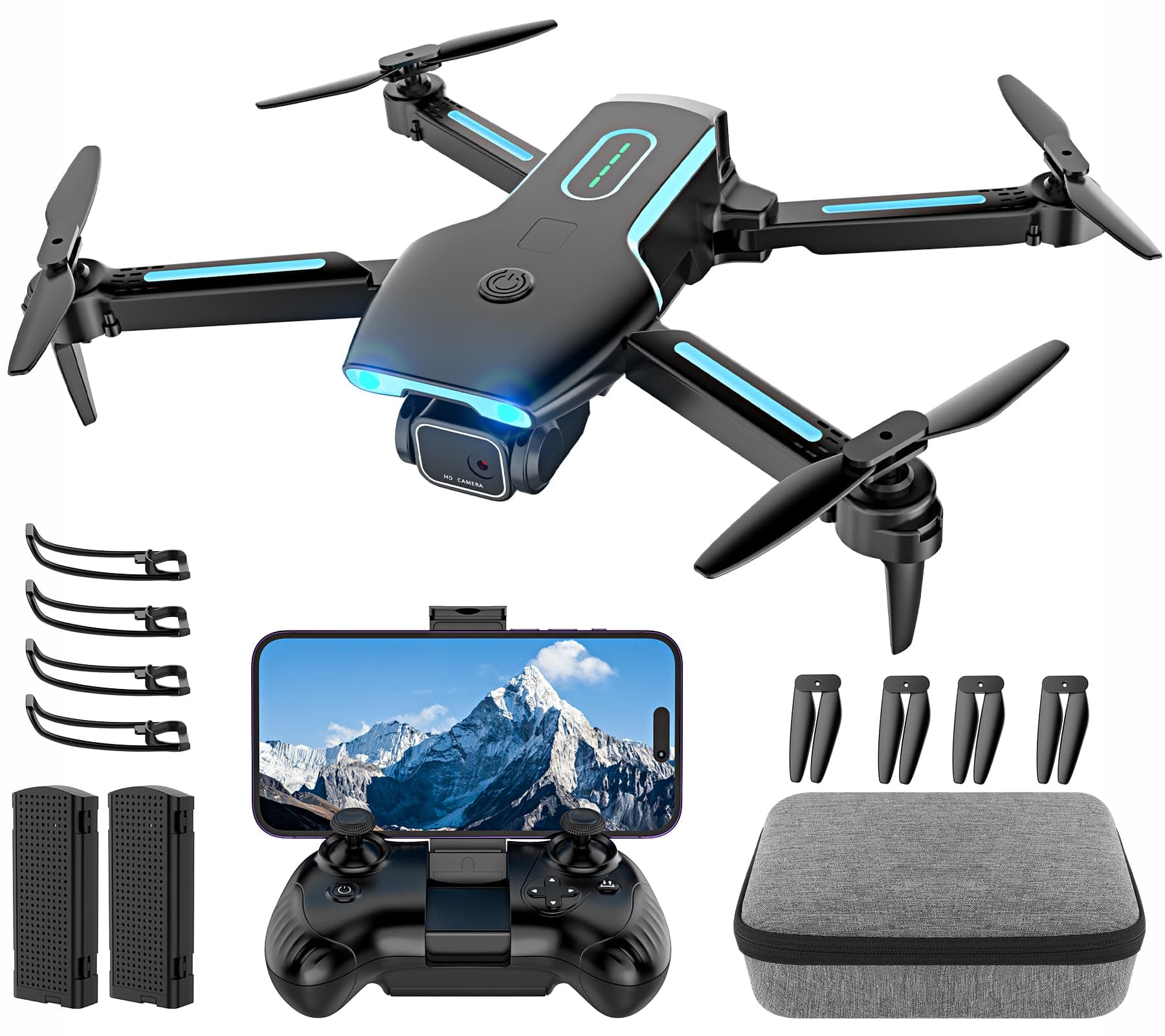 Drone with 1080P HD FPV Camera, RC Aircraft Quadcopter Headless,3D Flips, One Key Start, Voice/Gravity Control, Speed Adjustment, 2 Batteries, Foldable for Kids, Adults, Beginners, Grey