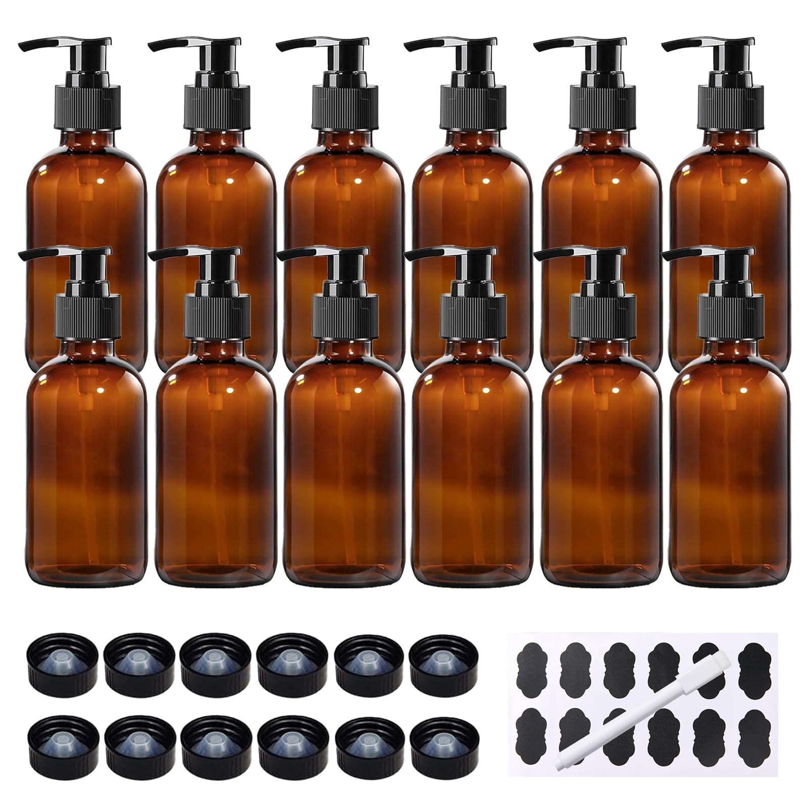 12 Pack 8 oz Amber Glass Bottles with Pumps for Essential Oils, Cleaning Products, Lotions, Aromatherapy Oil, Pump Bottles, Refillable Containers with Cap, Funnel, 12 Chalk Labels, 1 Pen