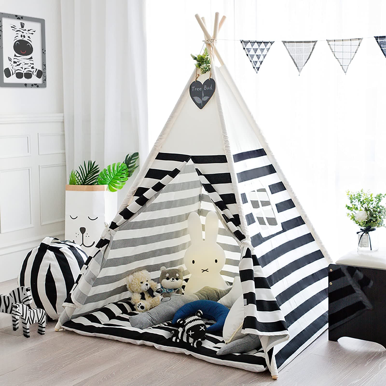 Children Play Tent Cotton Canvas Kids Indian Teepee Tent with Black Stripe Portable and Durable Tent for Kids Play Indoors Outdoor