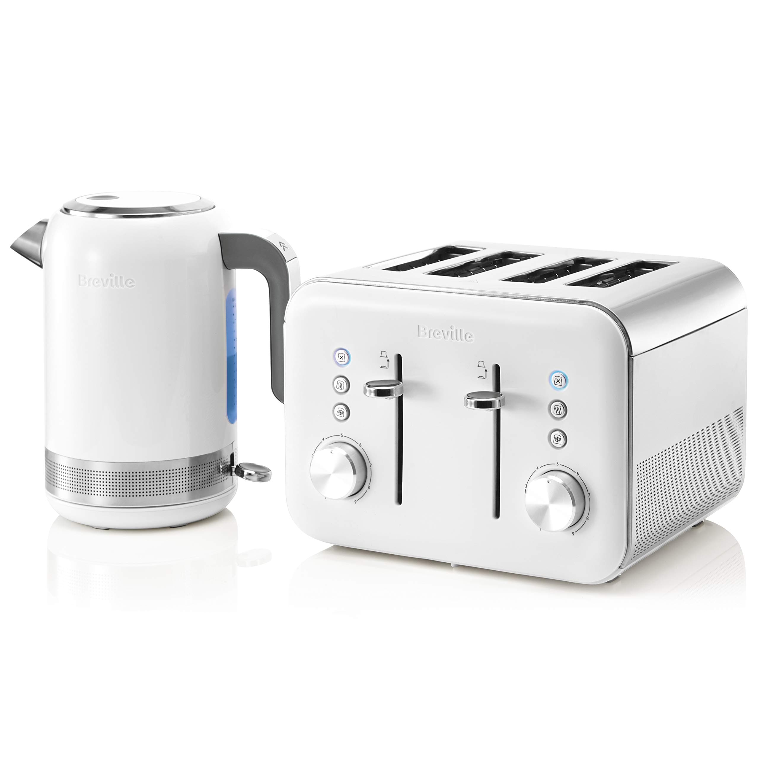 Breville High Gloss Kettle & Toaster Set with 4 Slice Toaster & Electric Tea Kettle (3kW Fast Boil), White with Chrome Trim