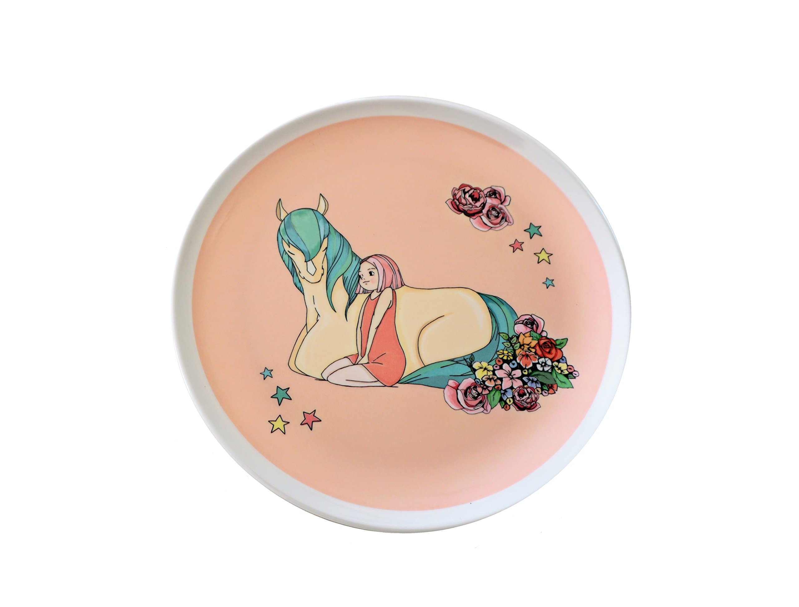 Original illustrated dinner plate for kids, baby, toddler - 8'' round melamine with girl and horse design