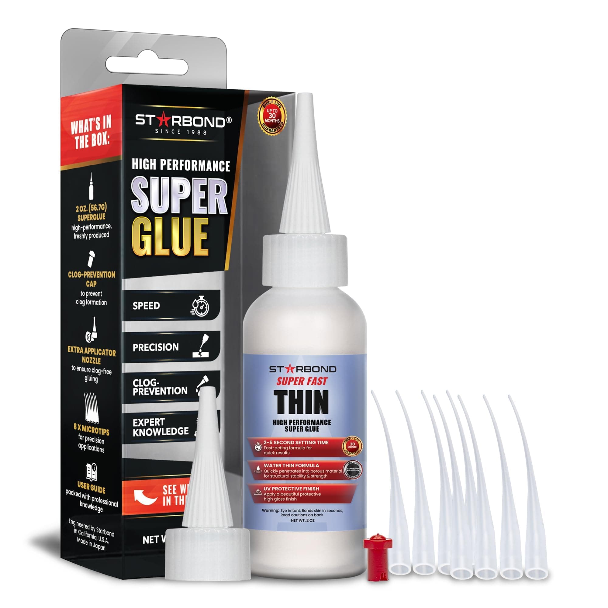 Starbond Super Fast Thin CA Glue – Super Glue Pro Kit with Precision Microtips Anti-Clog Cap & Extra Nozzles – Premium Cyanoacrylate Adhesive for Cracks, Joints, Woodturning, Hobby & Repairs, 2 oz