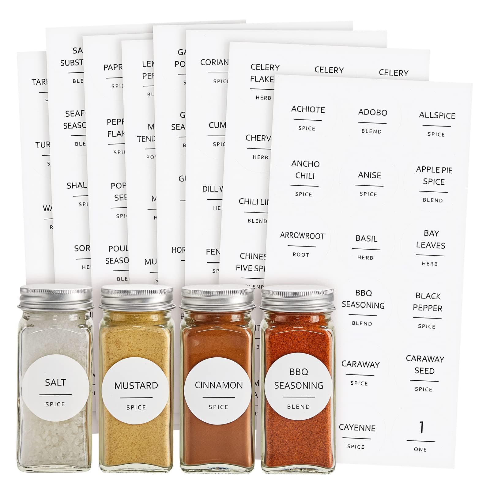 Talented Kitchen 144 Spice Labels Stickers, White Spice Jar Labels Preprinted for Spice Jar Lids, Seasoning Herbs Spice Rack Organization, Water Resistant, Black Minimalist (Round 1.5 in)