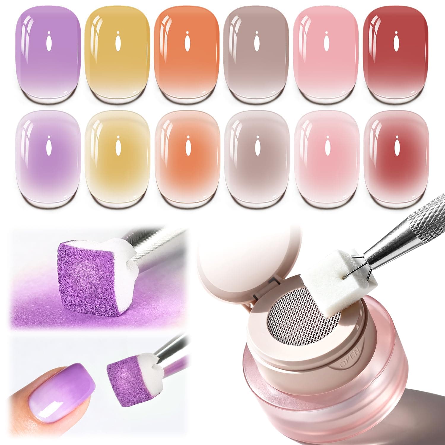 Pat Ombre Gel, 6 Colors Pat Painting Gel Nail Polish Kit with Manicure Pen And 50 Pcs Nail Sponges, Ombre Nail Gel Paint for Nail Art
