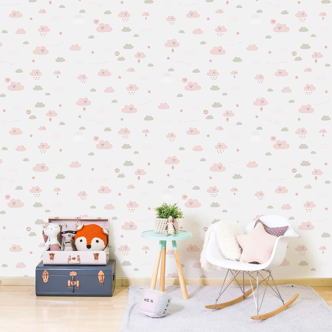 Pink Smiling For Small Bedrooms Child with Clouds Wallpaper, Beige on White Background Dirt and Lightning Orange. Mr Wonderful 2300 – 4