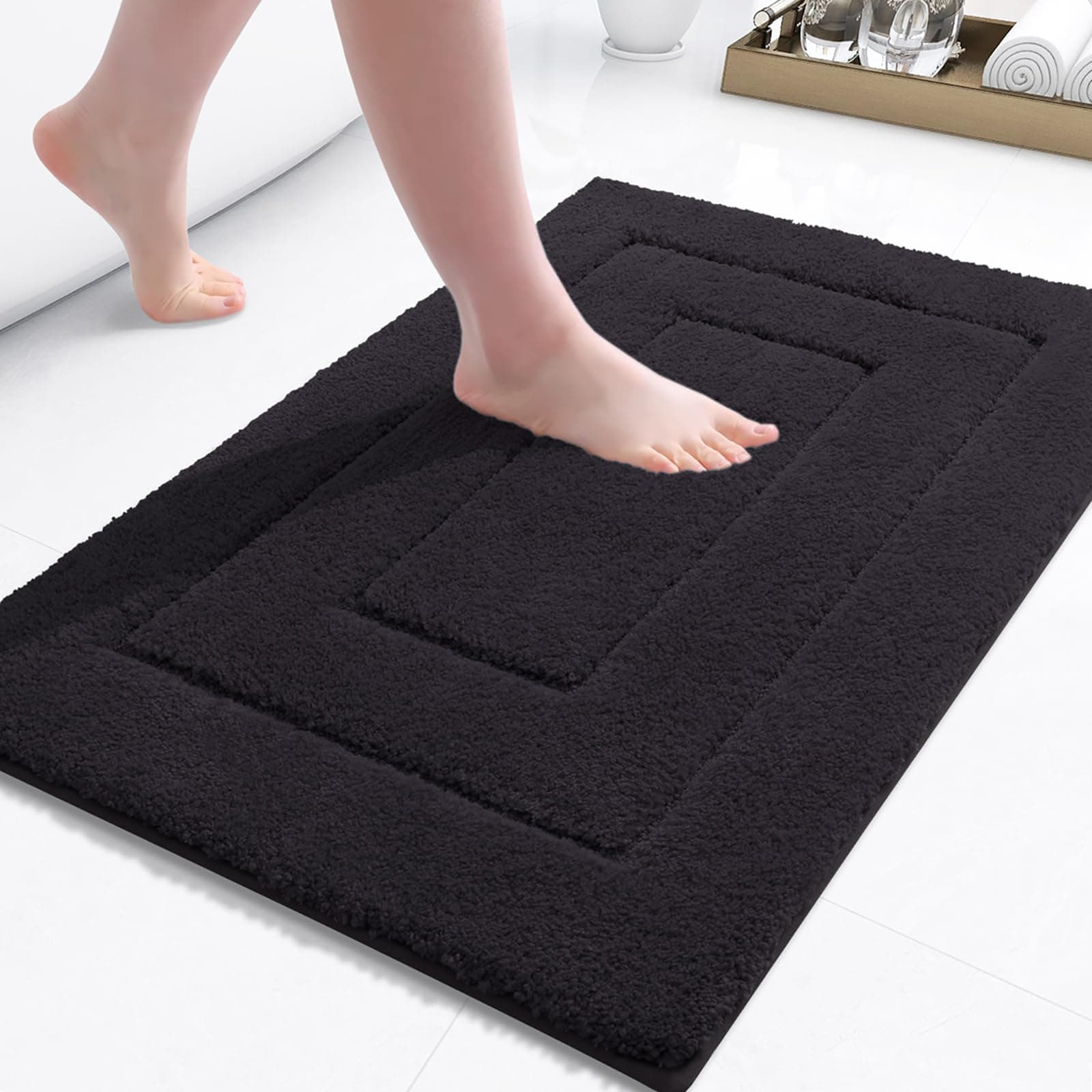 Buganda Bathroom Rugs, 24" x 16", Soft and Absorbent Microfiber Bath Rugs, Non-Slip Shaggy Shower Carpet, Machine Wash Dry Bath Mats for Bathroom Floor, Tub and Shower, BlackOEKO-TEX STANDARD 100