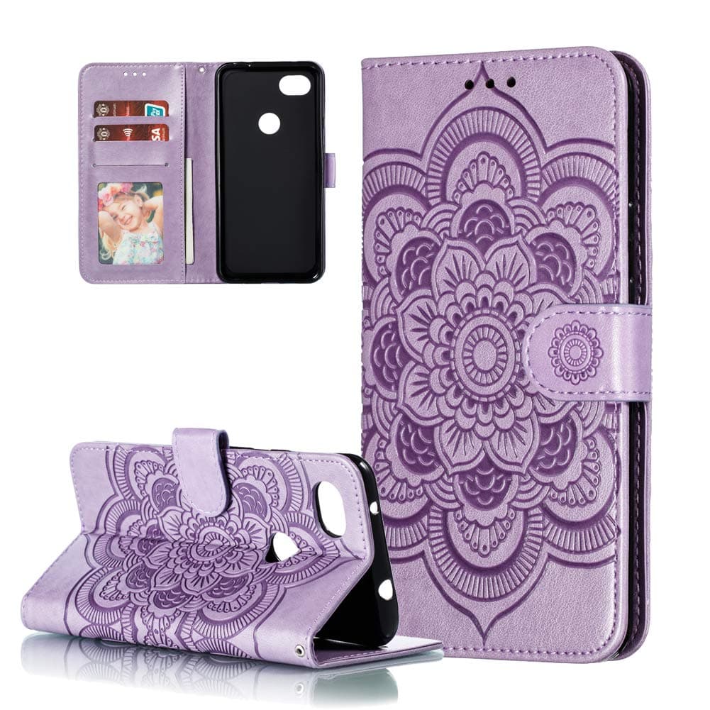 HMTECHUSGoogle Pixel 3A Case Embossing Durable Card Slots Luxury PU Leather Wallet Bookstyle Magnetic Clasp Stand Shockproof Protection Folio Flip Cover for Google Pixel 3A Mandala Purple LD