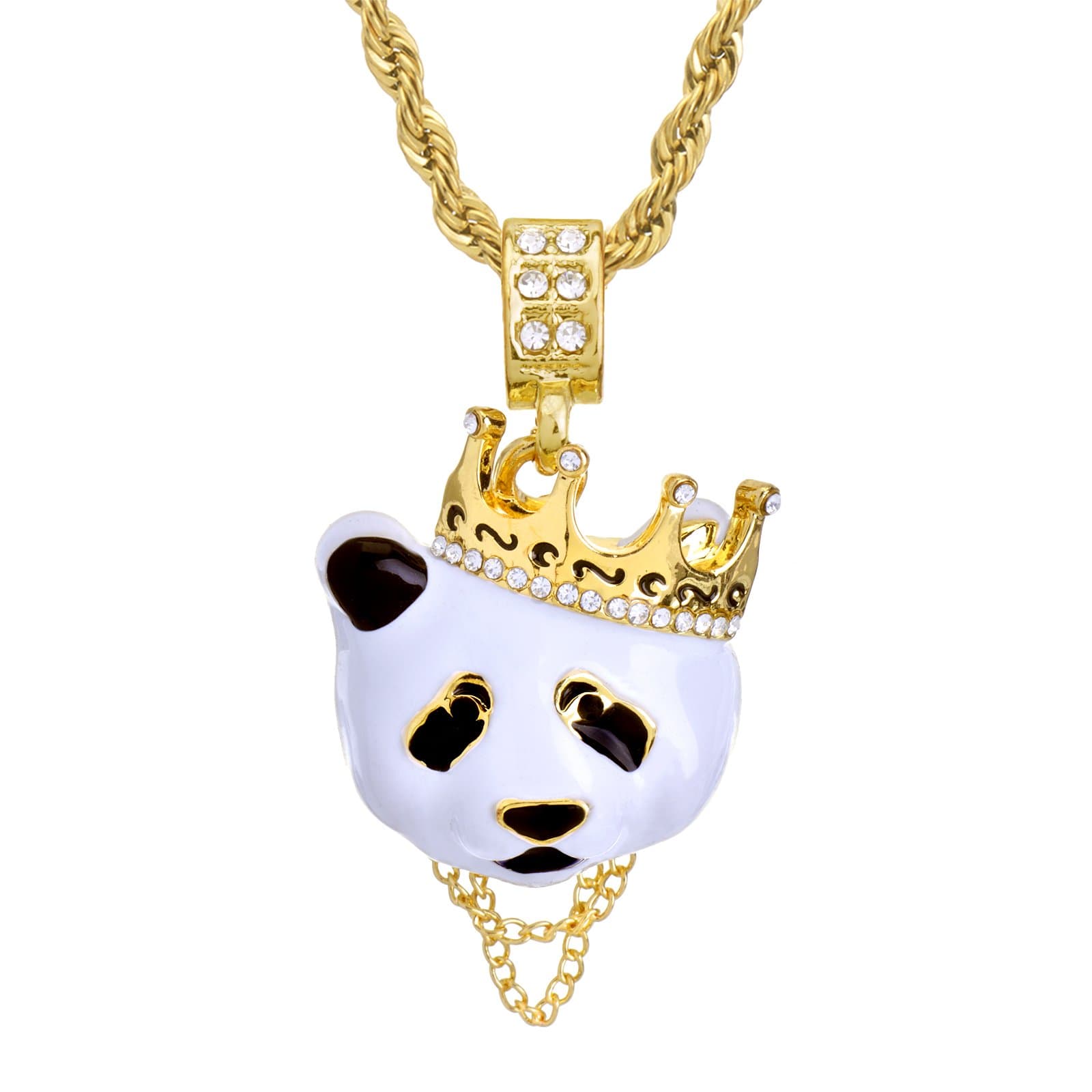 Hip Hop Rapper Rap Crown Panda Pendant 4 mm 24" Rope Chain Necklace Set HC 1167 G