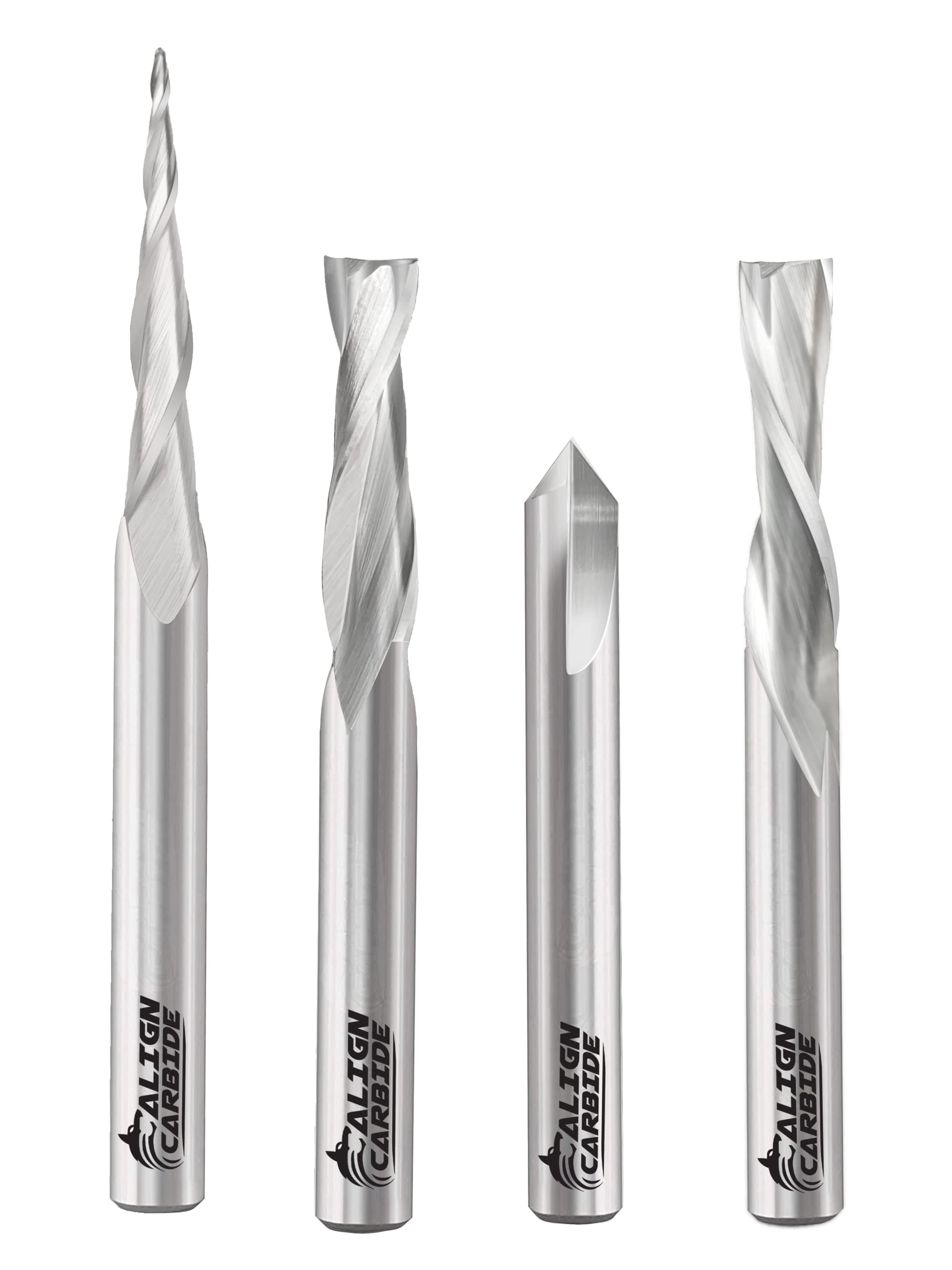 Align Carbide 4-Piece CNC Starter Set, CNC Wood Carving Router Bits, Up Cut, Down Cut, 90° V-Groove, 1/32" Taper Ball Nose, All 1/4 Inch Shank, Premium Solid Micro Grain Carbide.