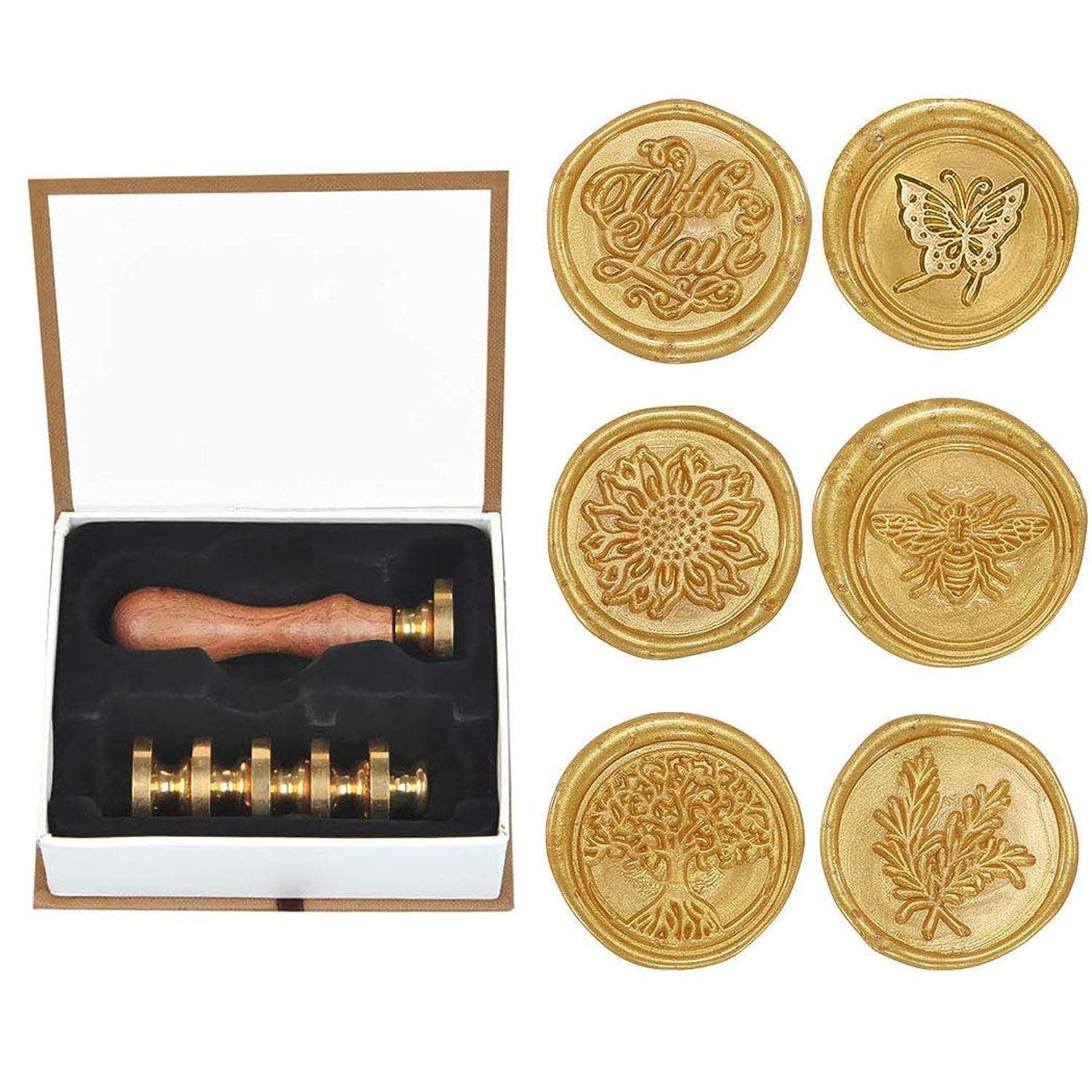 Smilee Wax Seal Stamp Set, 6 Pieces Romantic Rose Heart Flower Sealing Wax Stamps Gift Kit with Brass Head Wooden Handle