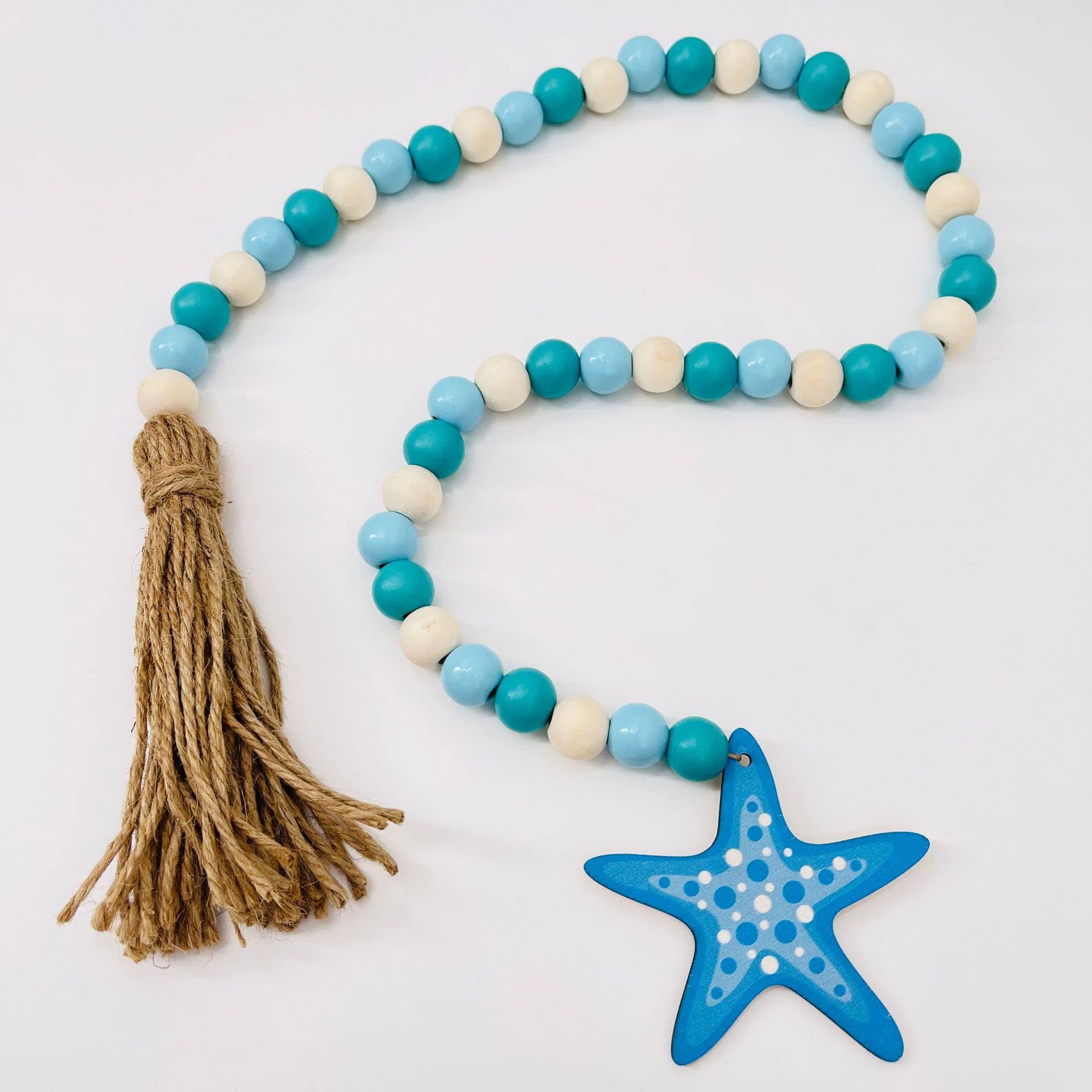 Blue Ocean Theme Tassels Wood Beads Garland Summer Ornament with Jute Plaid Tassel Starfish Sign Beads Decorations for Summer Beach Party Farmhouse Rustic Tiered Tray Decor Wall Hanging