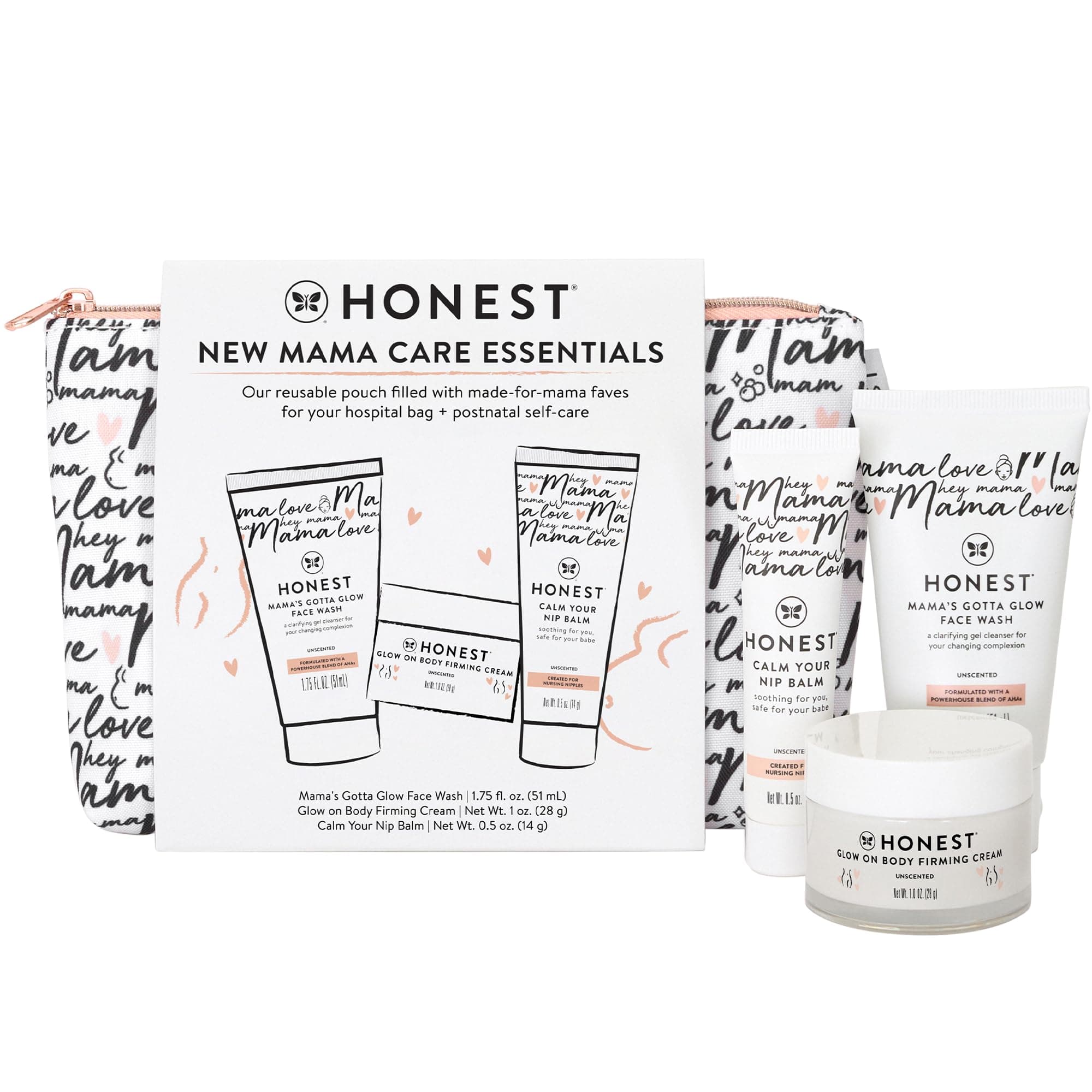 New Mama Care Essentials Gift Set, Hospital Bag Must Haves, Travel Size Nip Balm (0.5 oz) Glow On Body Cream (1 Gotta Face Wash (1.75 fl) with Reusable Pouch