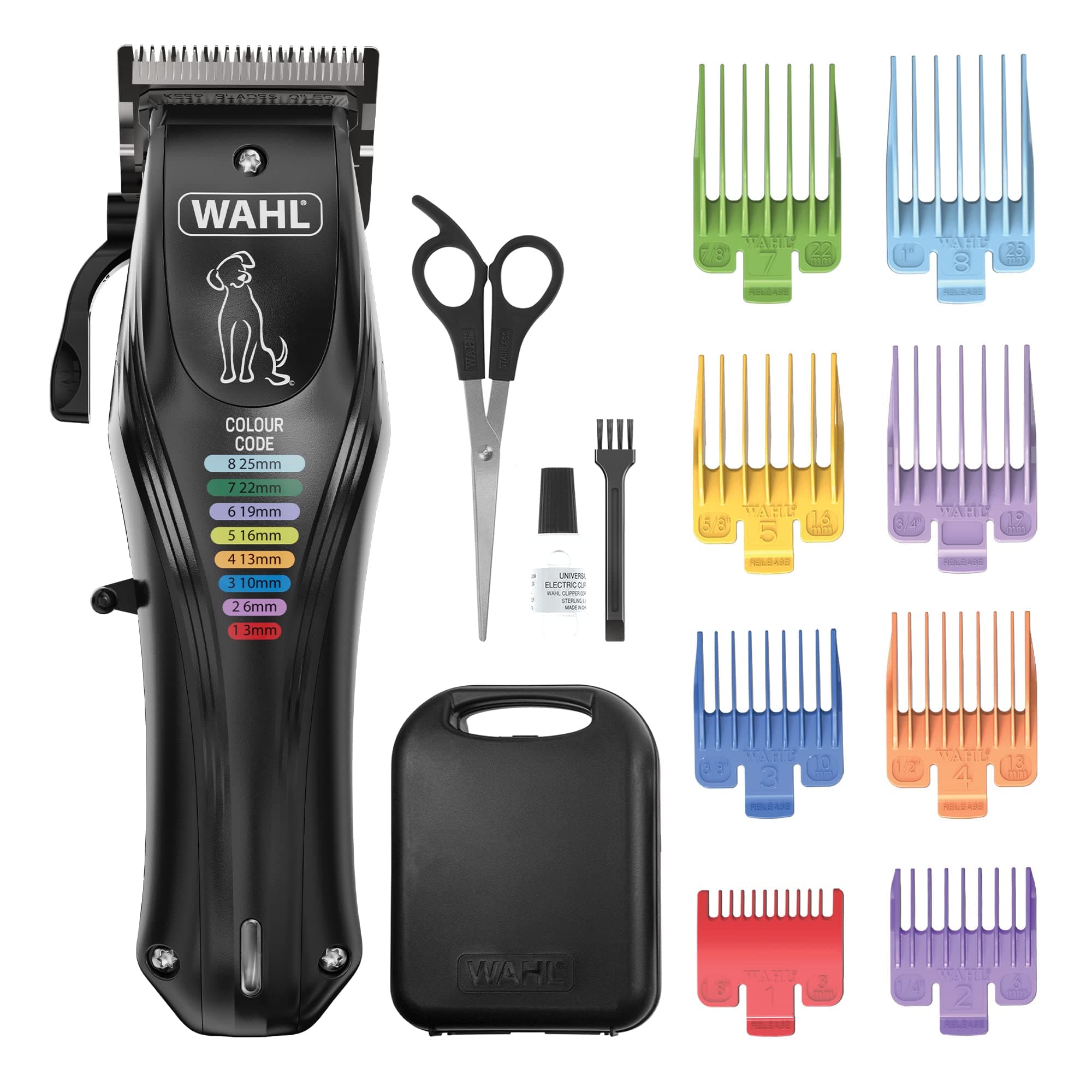 Wahl Colour Pro Rechargeable Pet Clipper – Cord/Cordless Dog Grooming Kit with Precision‑Ground Blade, 120‑Min Run Time & 8 Colour‑Coded Attachment Combs (3–25 mm).