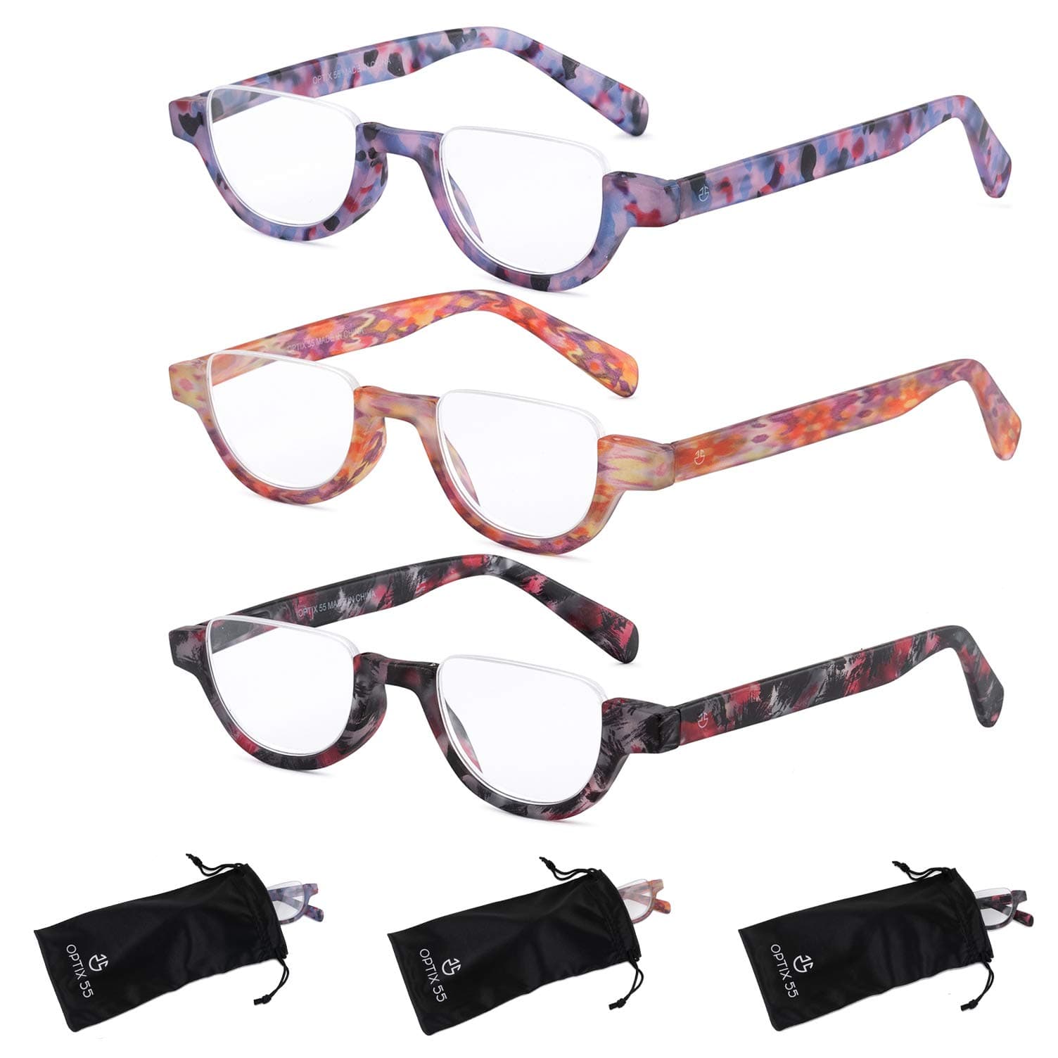 Reading Glasses Women | 3 Pack Fashion Readers Half Moon Frames with Spring Hinge Quality Reading Eye Glasses Multi Color Pattern Variety Pack, Prescription Strength + 1.5