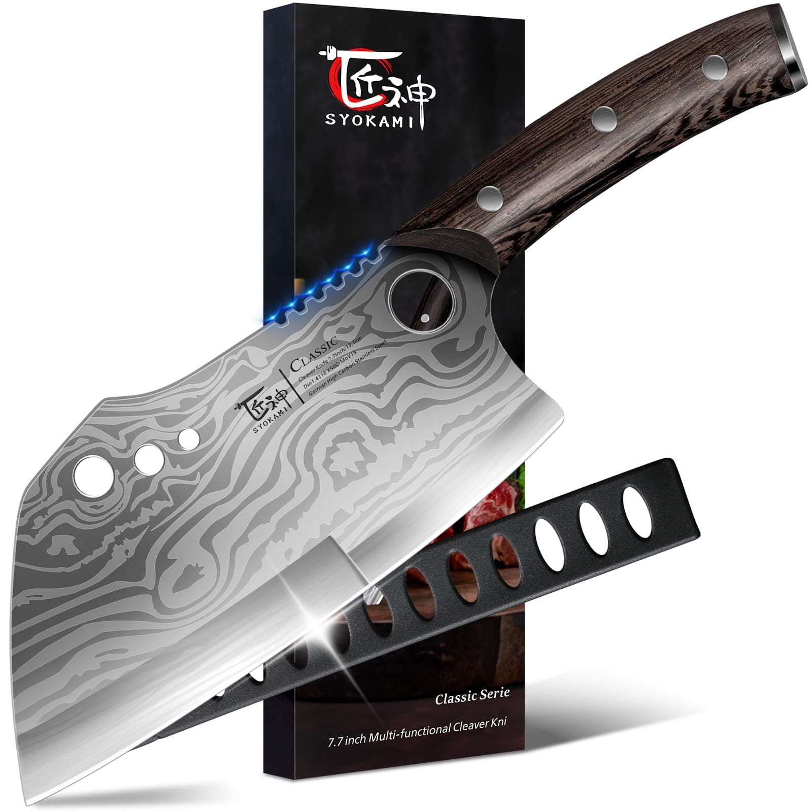 - Meat Cleaver Chef Knife with Sheath, 7.7 Inch Butcher Knife with Herb Stripper, Chopping Knife Heavy Duty Bone Cutting, Damascus Pattern Full Tang Wood Handle, Birthday Gift for Men