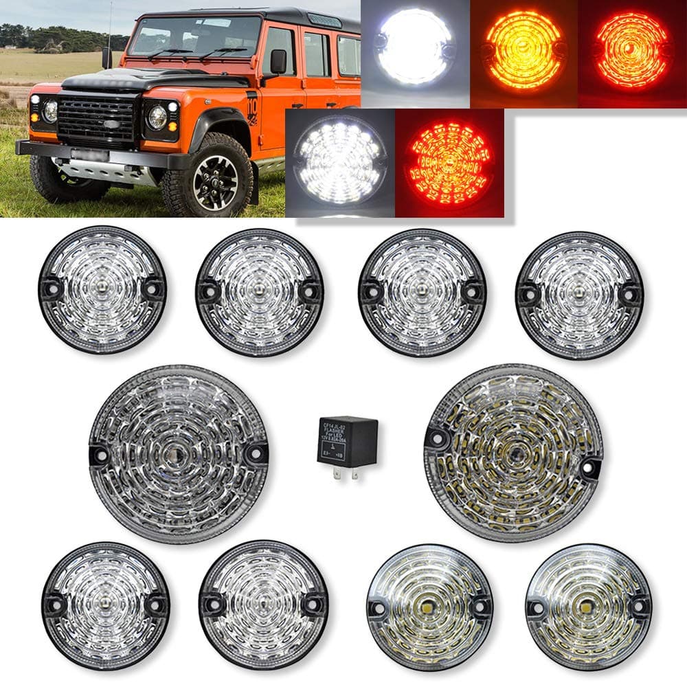Mingrui test10PCs/Kit Front Rear Reverse Fog Side Lights Smoke Lens Complete Led Lamp Upgrade Kit For Lan.d Ro.ver Defender 1990-2016 Clear Lens