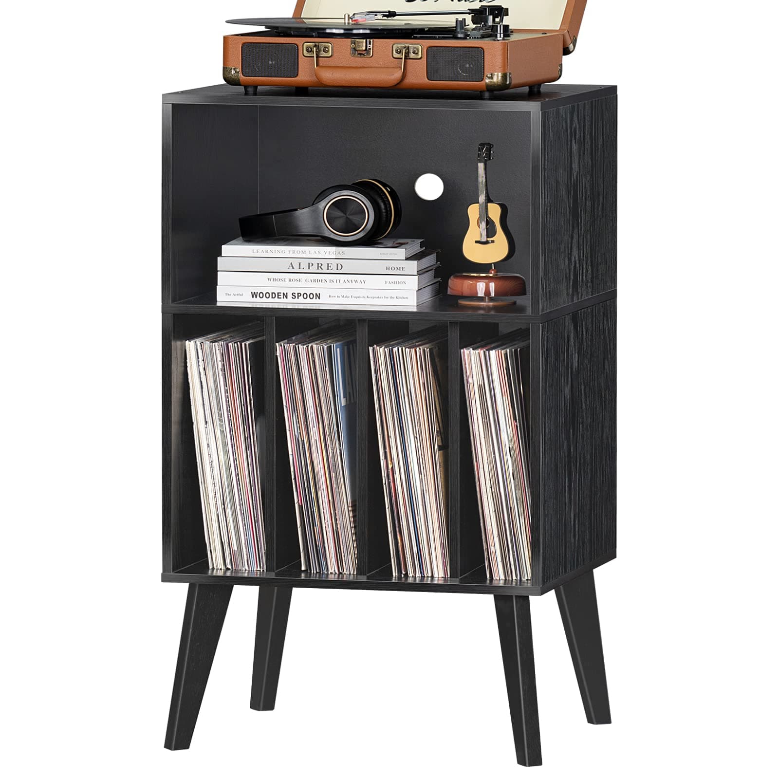 Lerliuo Record Player Stand, Black Turntable Stand Holds up to 160 Albums, Mid-Century Vinyl Storage Cabinet Table with Solid Wood Legs, Record Player Holder Dispaly Shelf for Bedroom Living Room