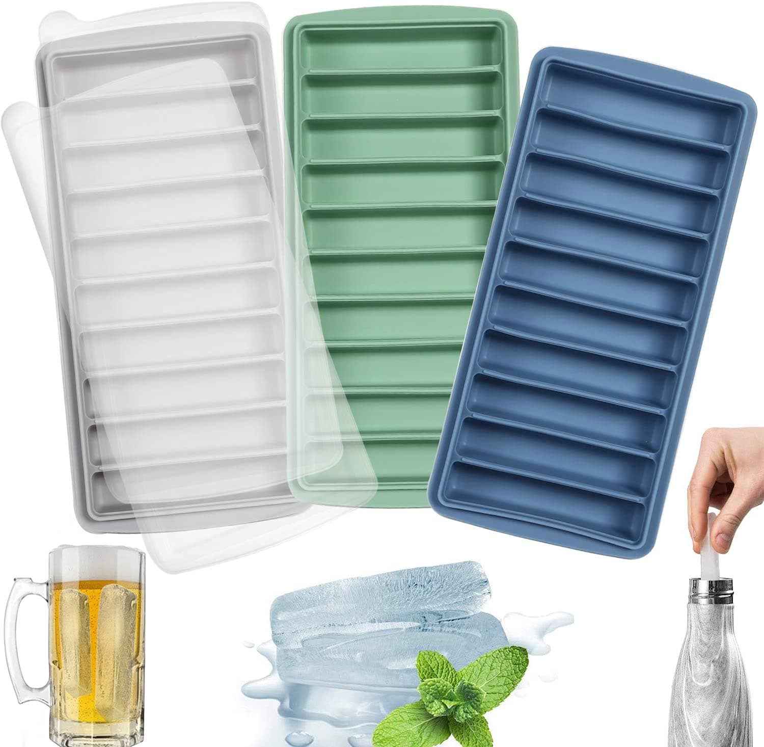 LessMo 3 Pack Ice Cube Tray, Easy Release Reusable Ice Cube, Silicone, with No-Spill Removable Lid, 10 Cavities, BPA Free, Ideal for Sports and Water Bottles, Whiskey,Cocktail