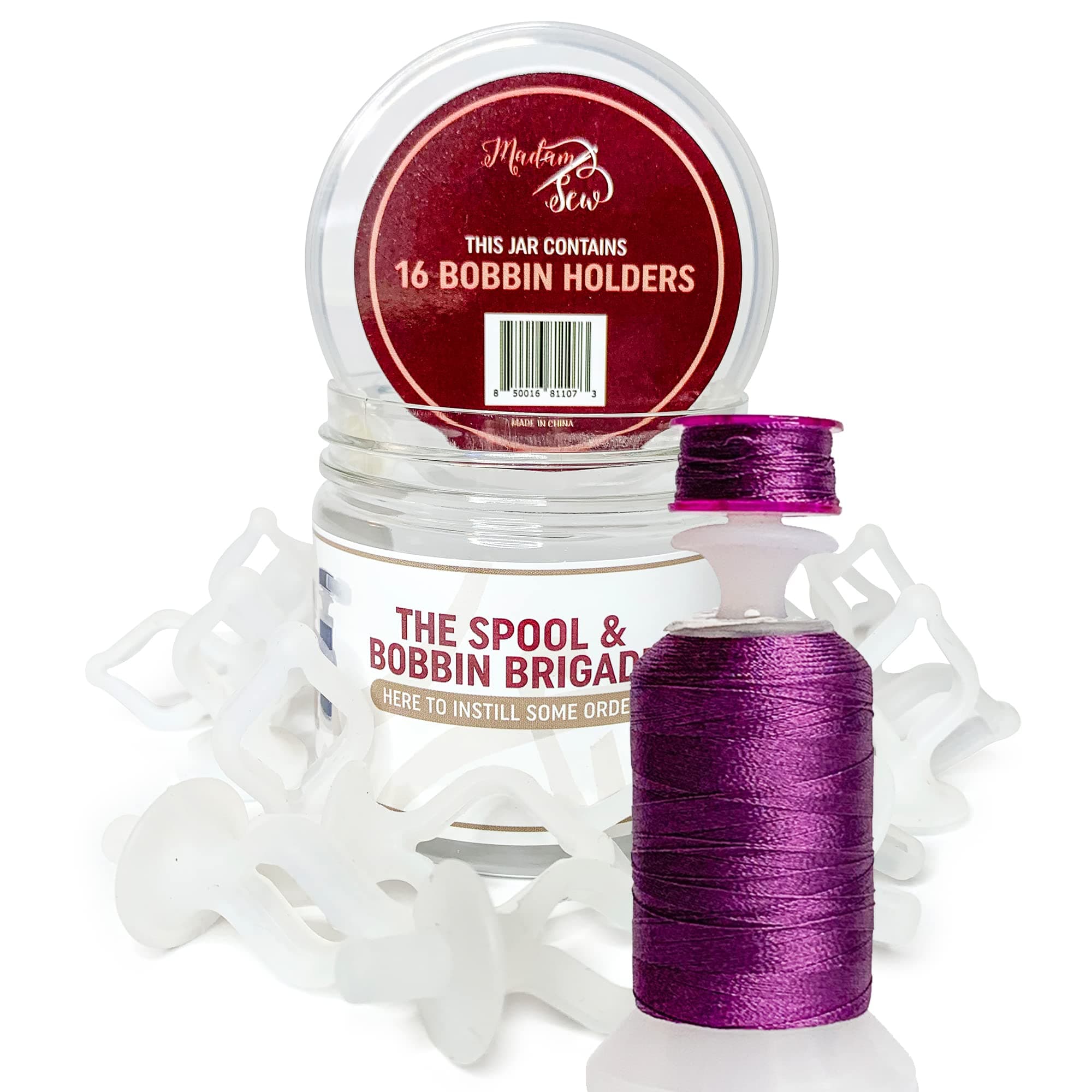 Madam Sew Sewing Bobbin Clips, 16-Pc Bobbin Holder Clamps Color-Match Bobbin and Thread Together for Sewing Thread Storage and Organization, Flexible Memory Silicone Fits M, L and A Sewing Bobbins