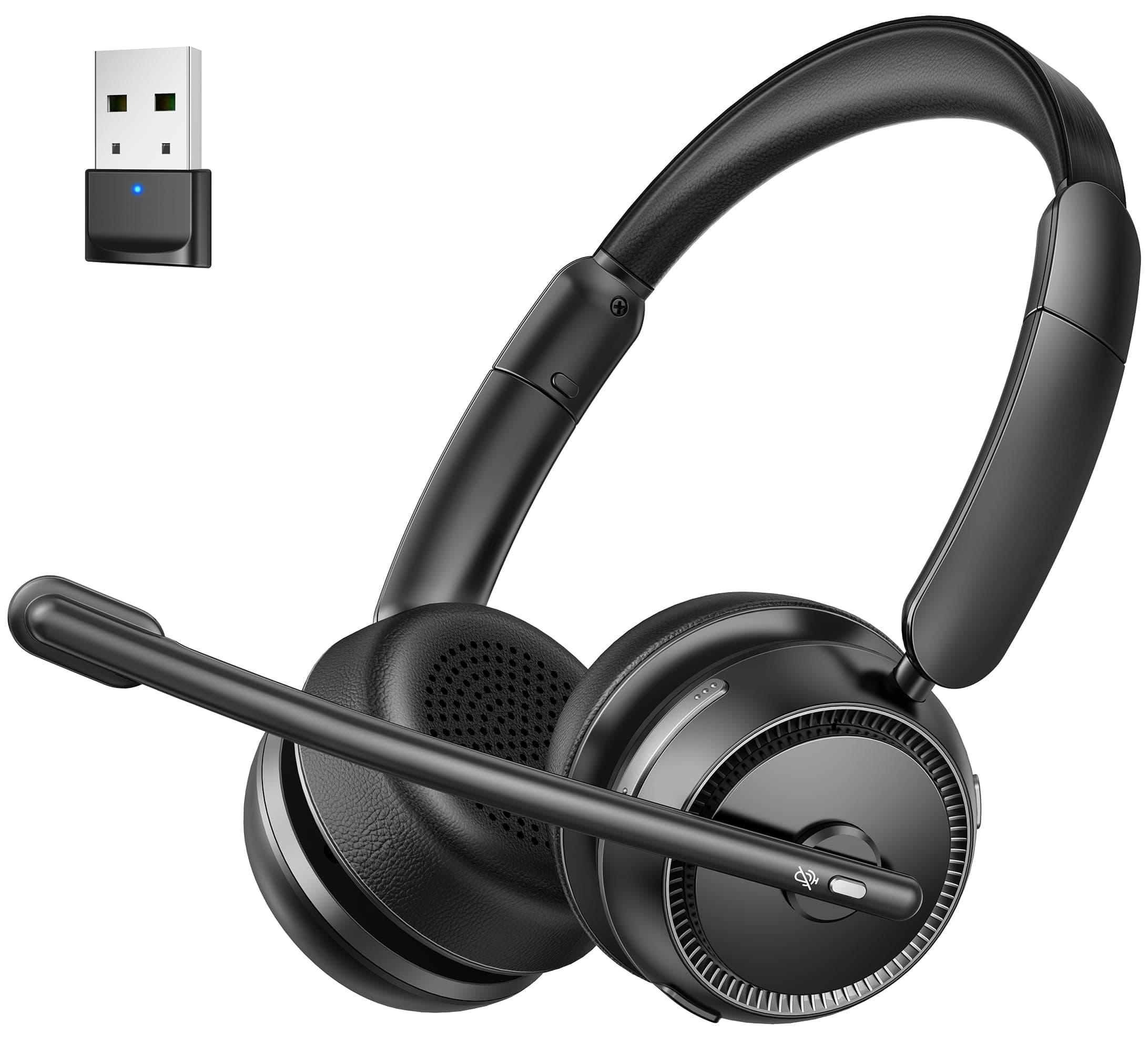 Bluetooth Headset with AI Noise Canceling Microphone, Stereo HiFi Bluetooth Headphones, Wireless Headset with USB Dongle for Computer Office Call Center Skype Zoom Meeting Trucker