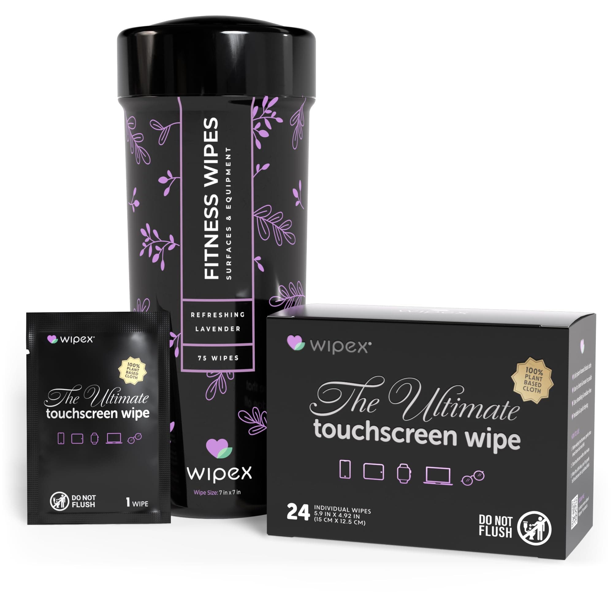 Screen Wipes & Gym Wipes Combo Pack - 75ct Gym Equipment Canister & 24ct Individually Wrapped Fitness Touch Screen Cloths, Safe for Yoga Mats & Electronics, Lavender Scent