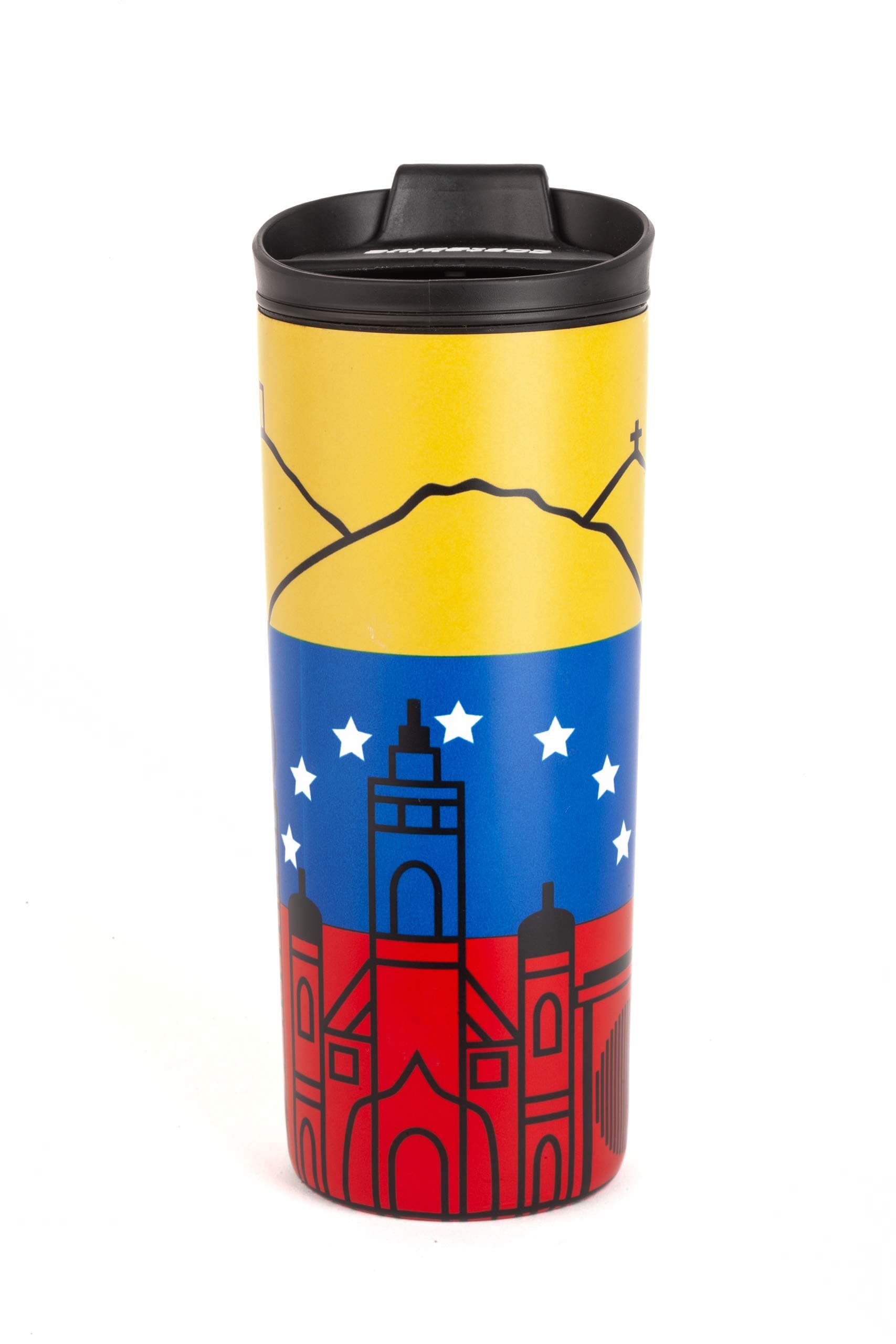 Venezuela Vacuum Insulated Stainless Steel Thermal Travel Mug, 16 oz, Easy Clean, Flip leak Proof Lid Venezuelan Flag with Icons from Caracas