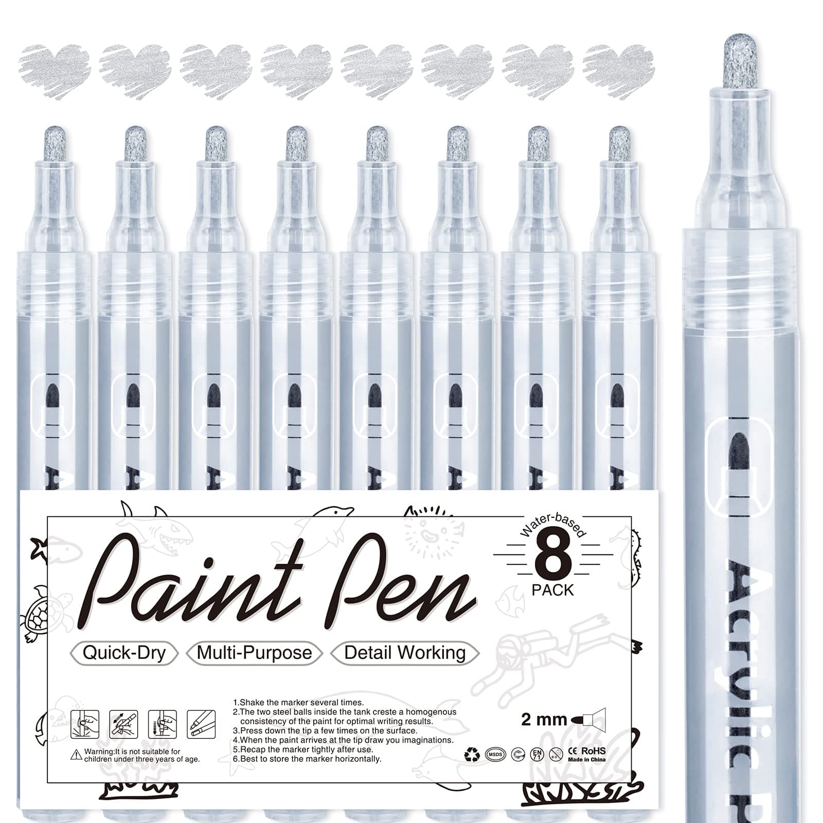 AKARUED Silver Acrylic Paint Markers, 8 Pack Acrylic Silver Paint Pen Sets for Rock Painting, Wood, Stone, Glass, Ceramic, Paper, Drawing, Art Projects, DIY Crafts, Water-Based ink, 2-3mm Medium Tip