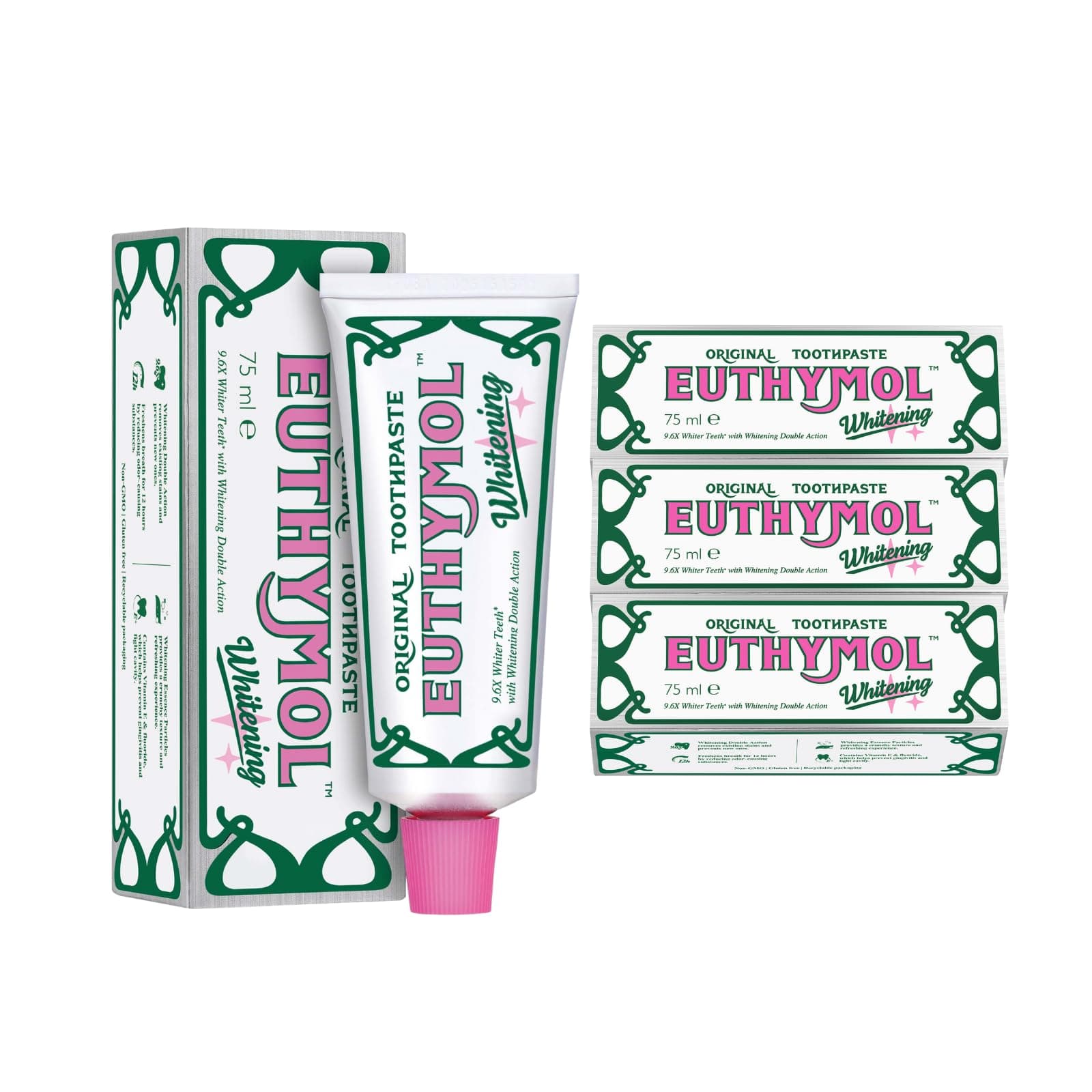 Whitening Toothpaste 75ml x 3, Contains Fluoride, Non-GMO Gluten Free, Plaque Removal Cavity Protection Antibacterial, White Clean Teeth, Freshens Breath Refreshing Dental Care