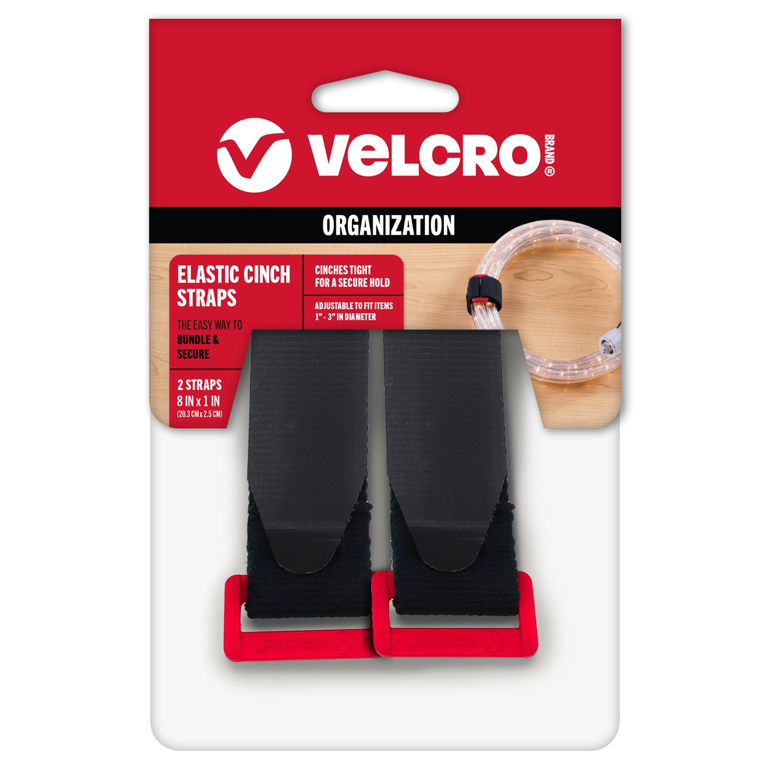VELCRO ブランド 伸縮性シンチストラップ バックル付き | 2個 | 調節可能でストレッチ ぴったりフィット | 電源コードの固定用 ケーブル整理用 その他 | ブラック、S - 8インチ x 1インチ (VEL-30095-USA)