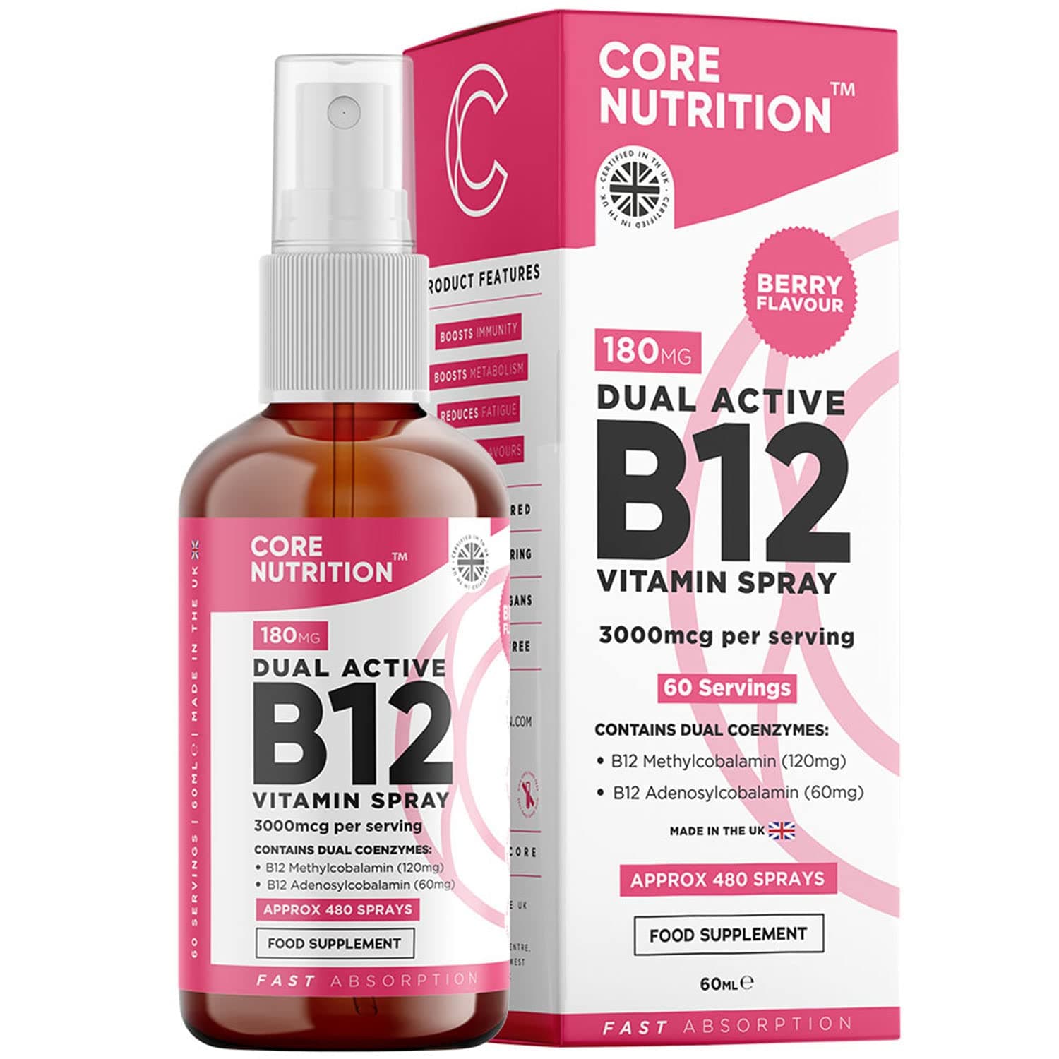 Vitamin B12 Spray - 3000mcg High Strength - 60ml for 60 Day Supply - Vegan - Dual-Active Vitamin B12 Complex Liquid Formula for Maximum Absorption - B12 Oral Spray - Made in UK by Core Nutrition