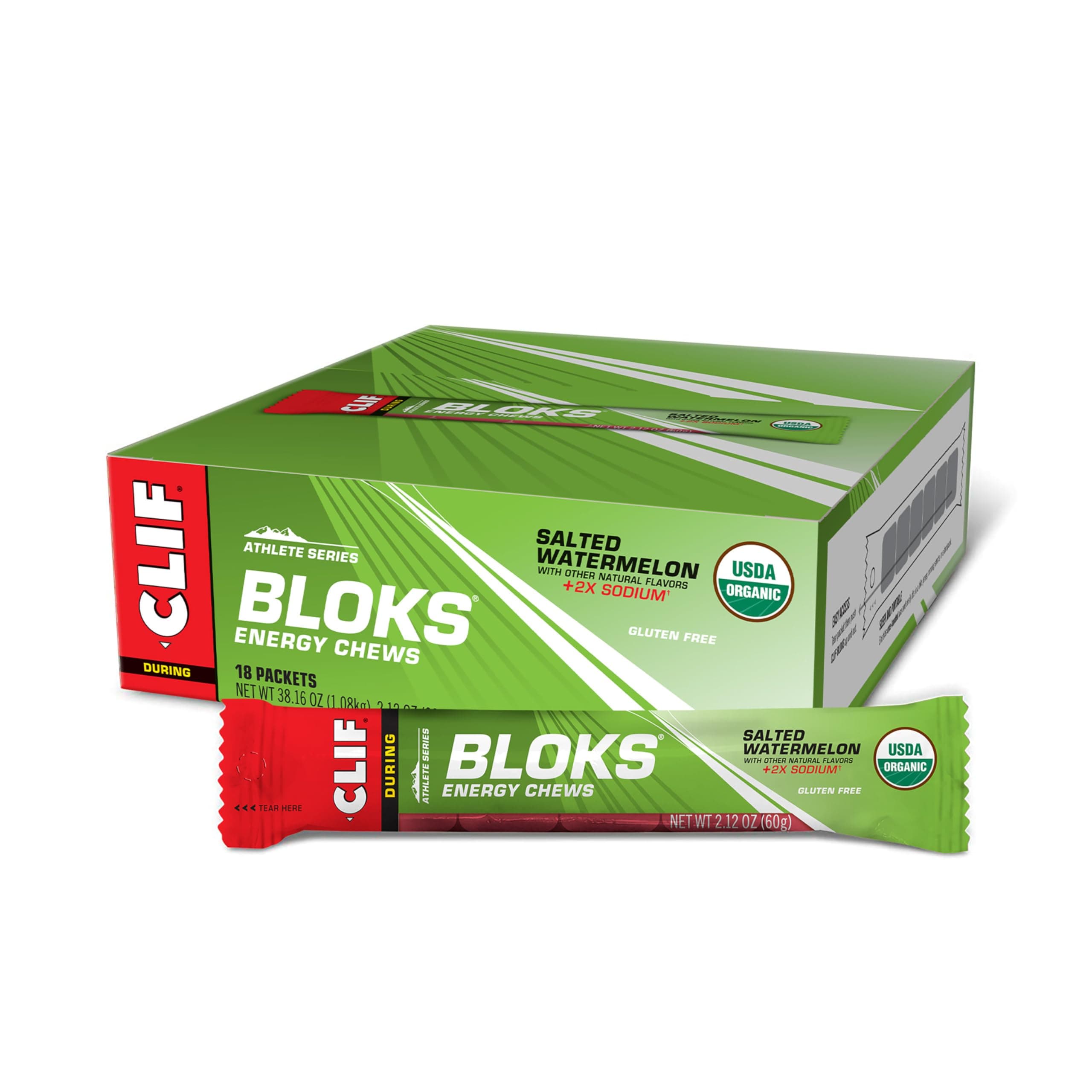 CLIF BLOKS - Energy Chews - Salted Watermelon Flavor - No Caffeine (2.1 Ounce Packet, 18 Count)