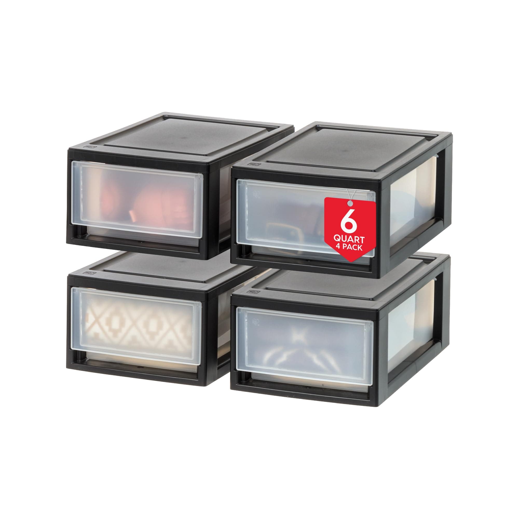 IRIS USA 6 Quart Compact Stacking Storage Drawer, Plastic Drawer Organizer with Clear Doors for Undersink, Kitchen, Pantry, Desk, and Home De-Clutter, Store Shoes and Craft Supplies, 4-Pack, Black