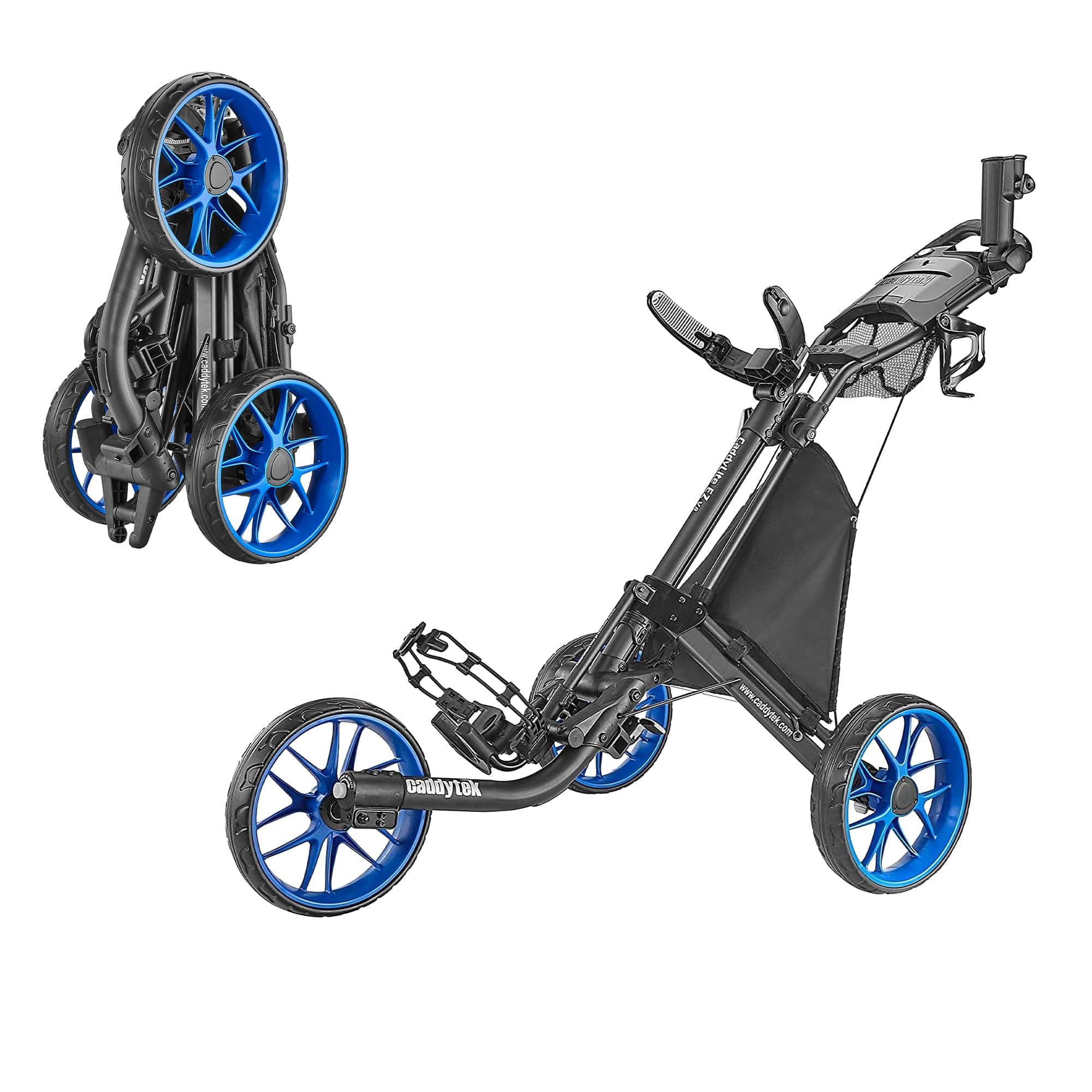 CaddyLite EZ V8 Golf Push Cart - Lightweight 3 Wheel Foldable Cart with One-Click 2-Step Folding, EVA Wheels, Adjustable Handle, Cooler Basket, Umbrella & Drink Holder, Compact Golf Cart