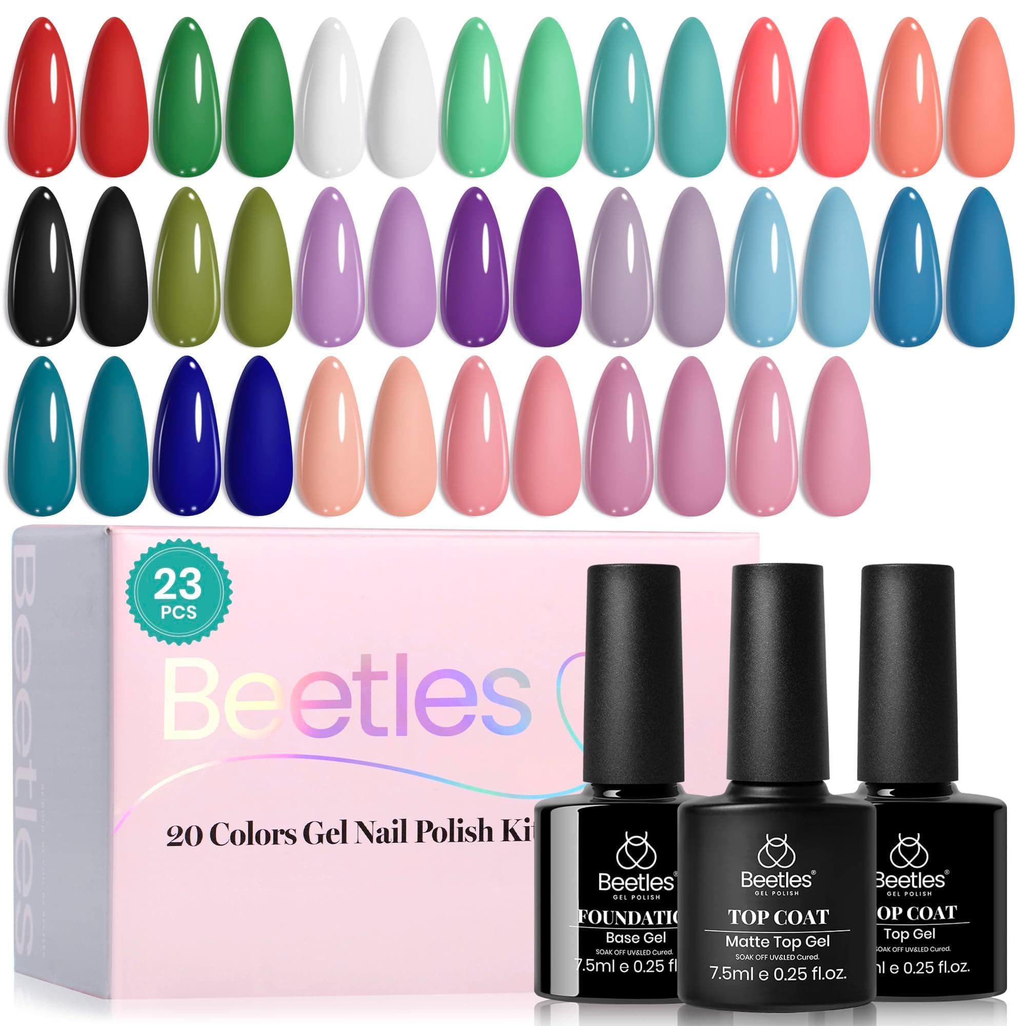 Beetles Gel Nail Polish Set, 23pcs Gel Polish Kit, 20 Colors Pink Green Blue Uv Gel Polish with Base Top Coat, All Season Manicure Tools for Beginners Nail Art Home Gift for Women