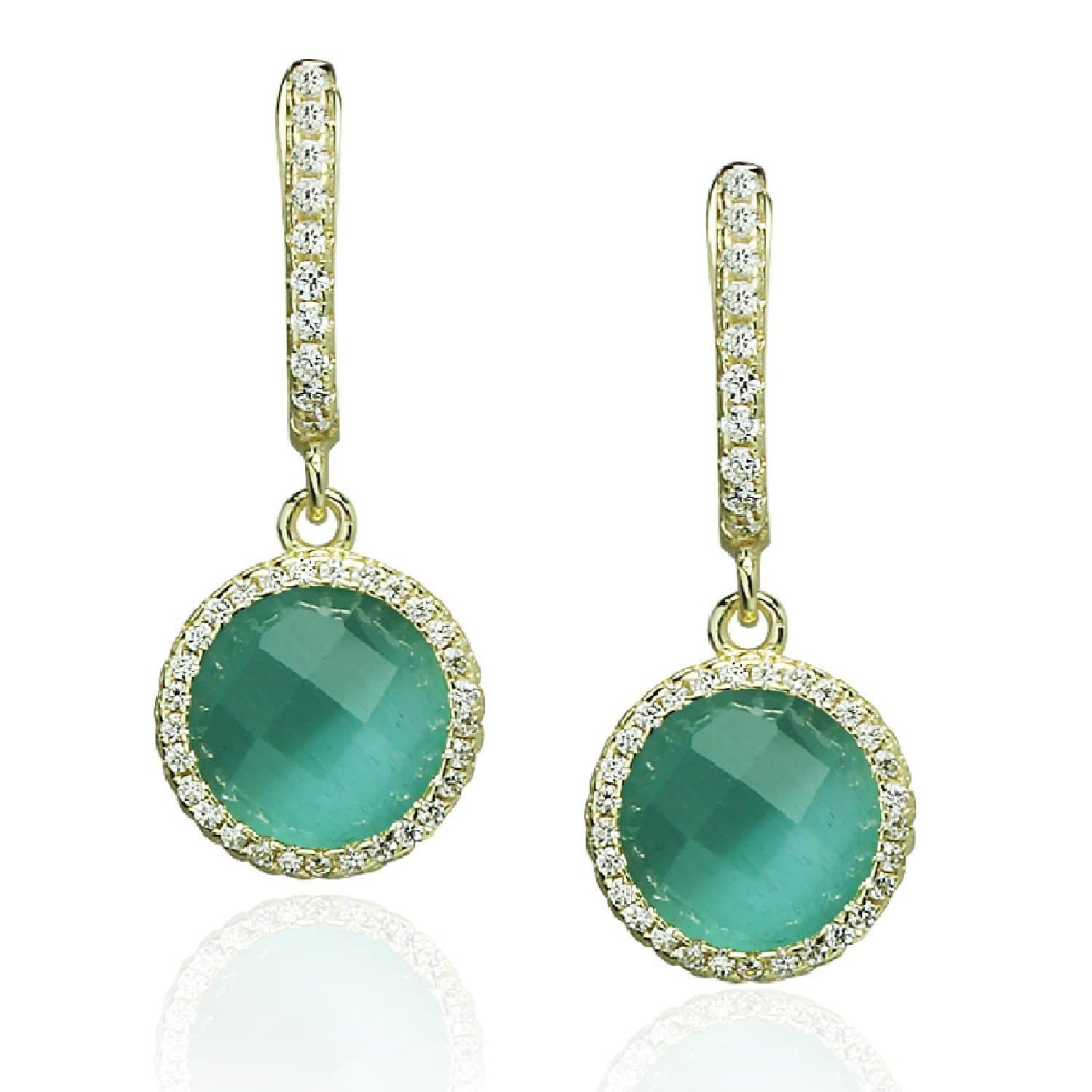 Piers Design Aqua Cats Eyes Glass Earrings, CZ Border, Round, Gold Tone Sterling Silver, 12mm