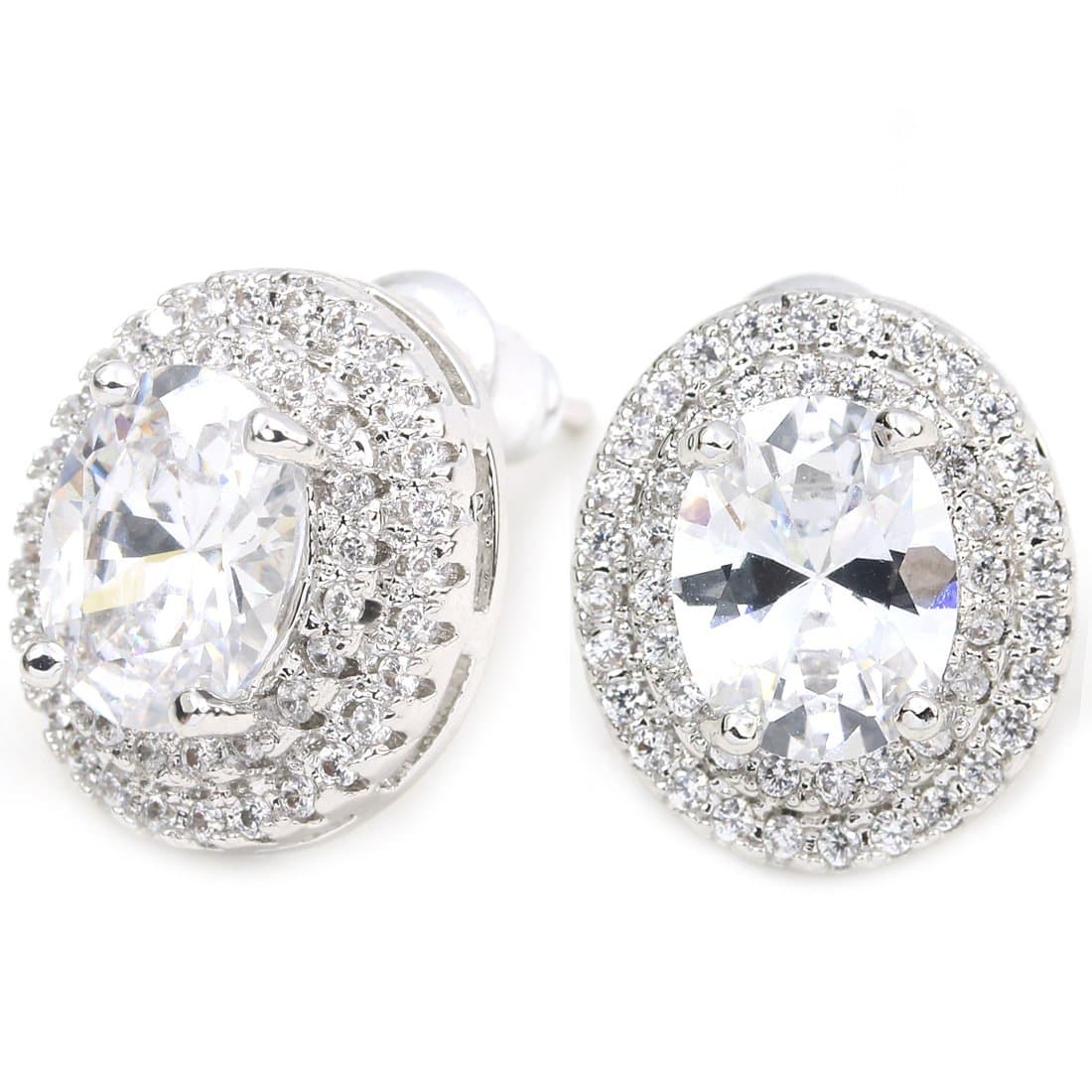 FANCY COLLECTION White Gold Plated Cubic Zirconia Heart Oval Cear Halo Studs Earrings