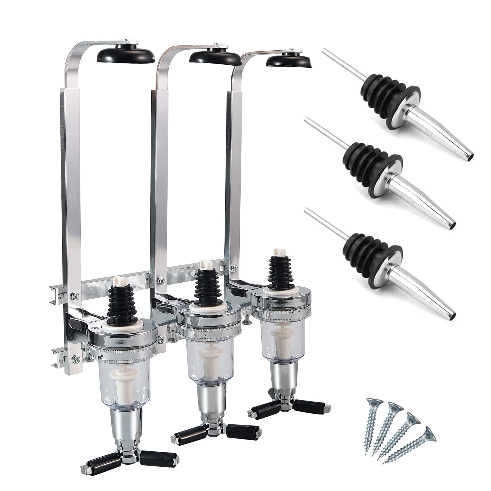 MUGLIO 3 Bottle Liquor Dispenser Stand Wall Mounted Dispenser Drinks Wine Spirits Steel Bar Optics Party Home Bar Butler Beer Cocktail,with 3 Liquor Bottle Pourers (3 Bottles)