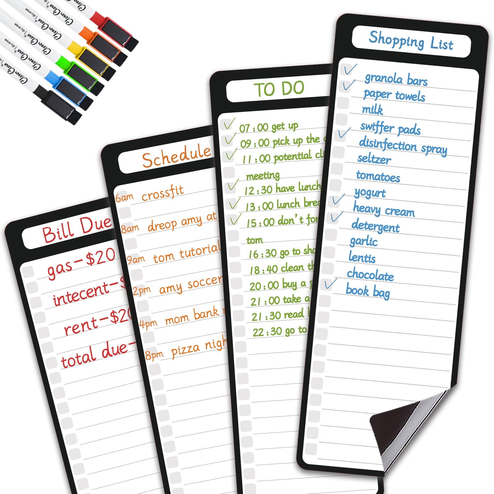 Clever Clean Magnetic Dry Erase List Board - 4"x12" Multifunctional List Board for Fridge - 6 Extra Fine Point Markers Included - Shipped Flat