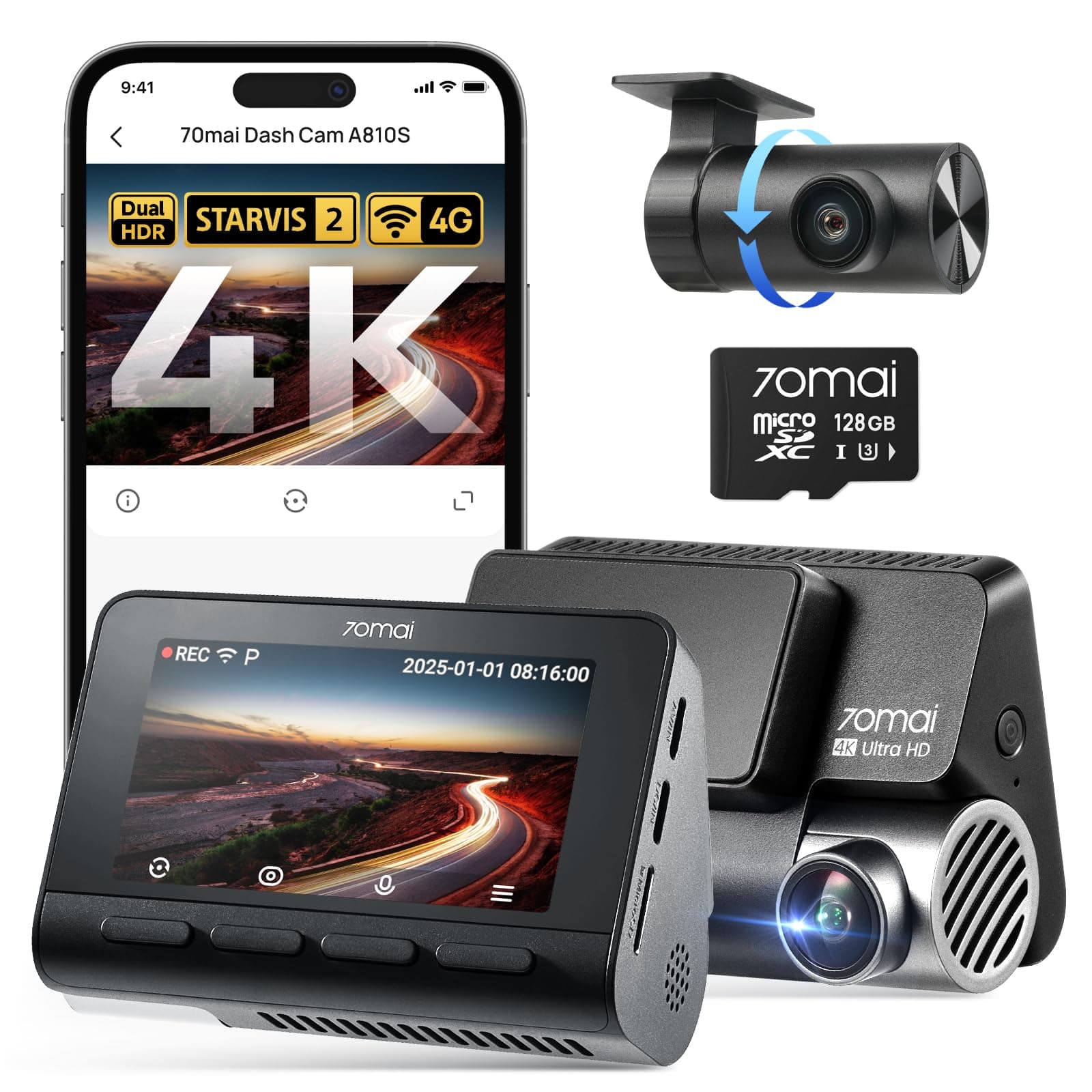 4K Dash Cam Front and Rear A810S, 4K+1080P Dual STARVIS 2, HDR Car Dash Cam with Night Vision, WiFi APP Control, 146°Wide Angle, 4G LTE, ADAS, Parking Mode with Voice Control and 128GB SD Card